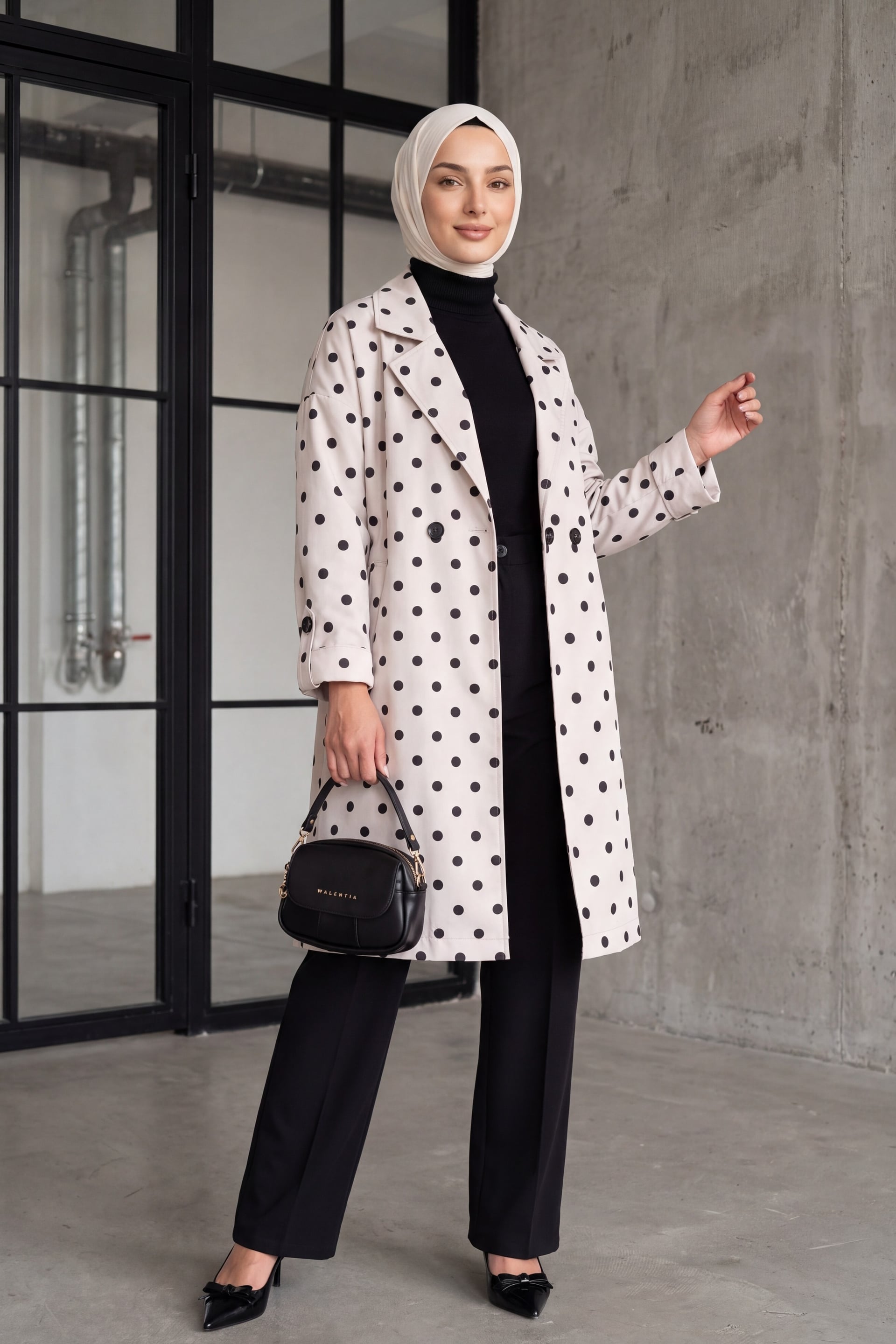 Double-Breasted Notch Lapel Trench Coat in Ecru with Polka Dot Print - Bigdart - by Peralane - photo 3