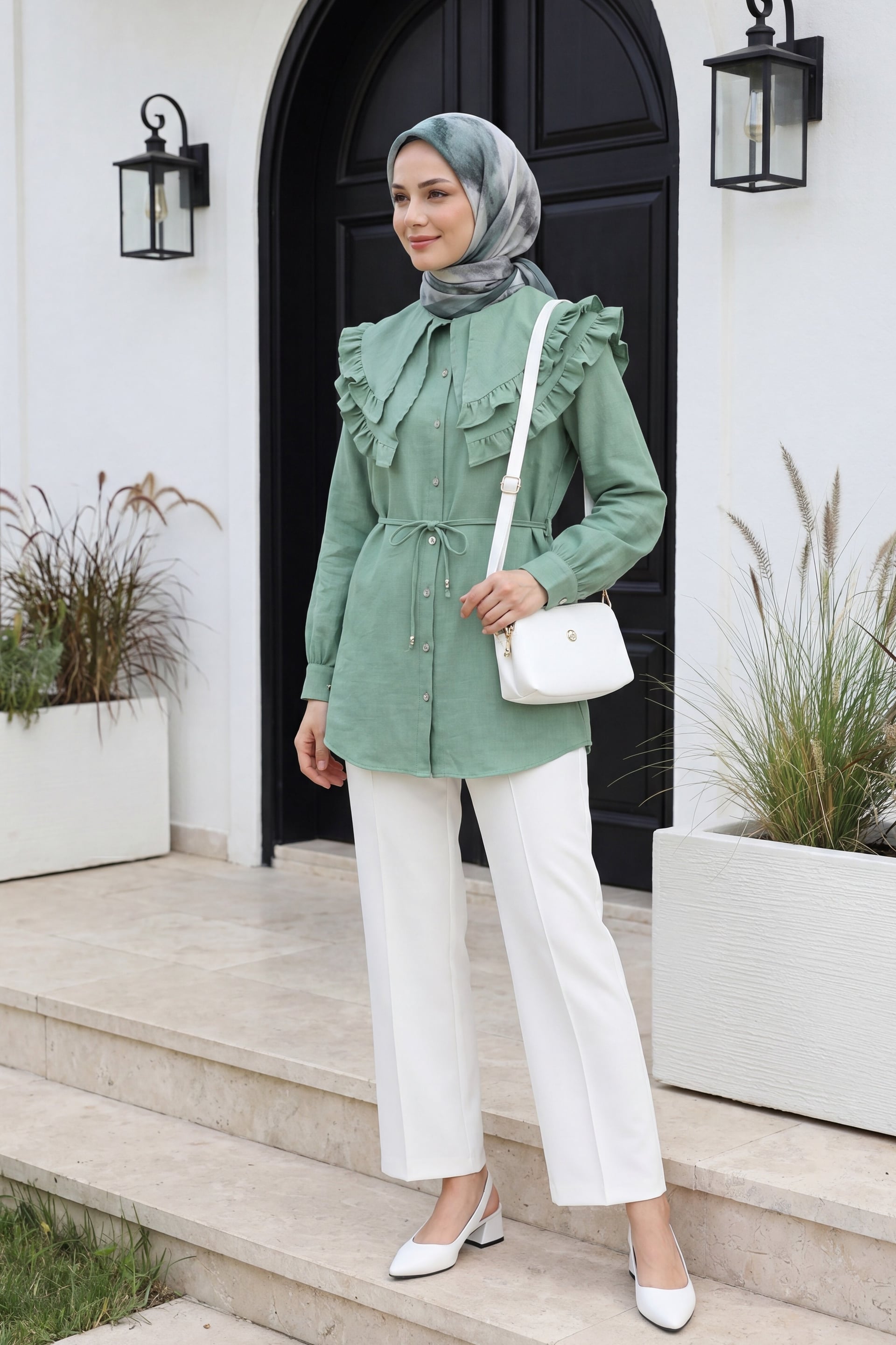Front Pleat High Waist Wide Leg Trousers - White - Podyumplus - by Peralane - photo 4