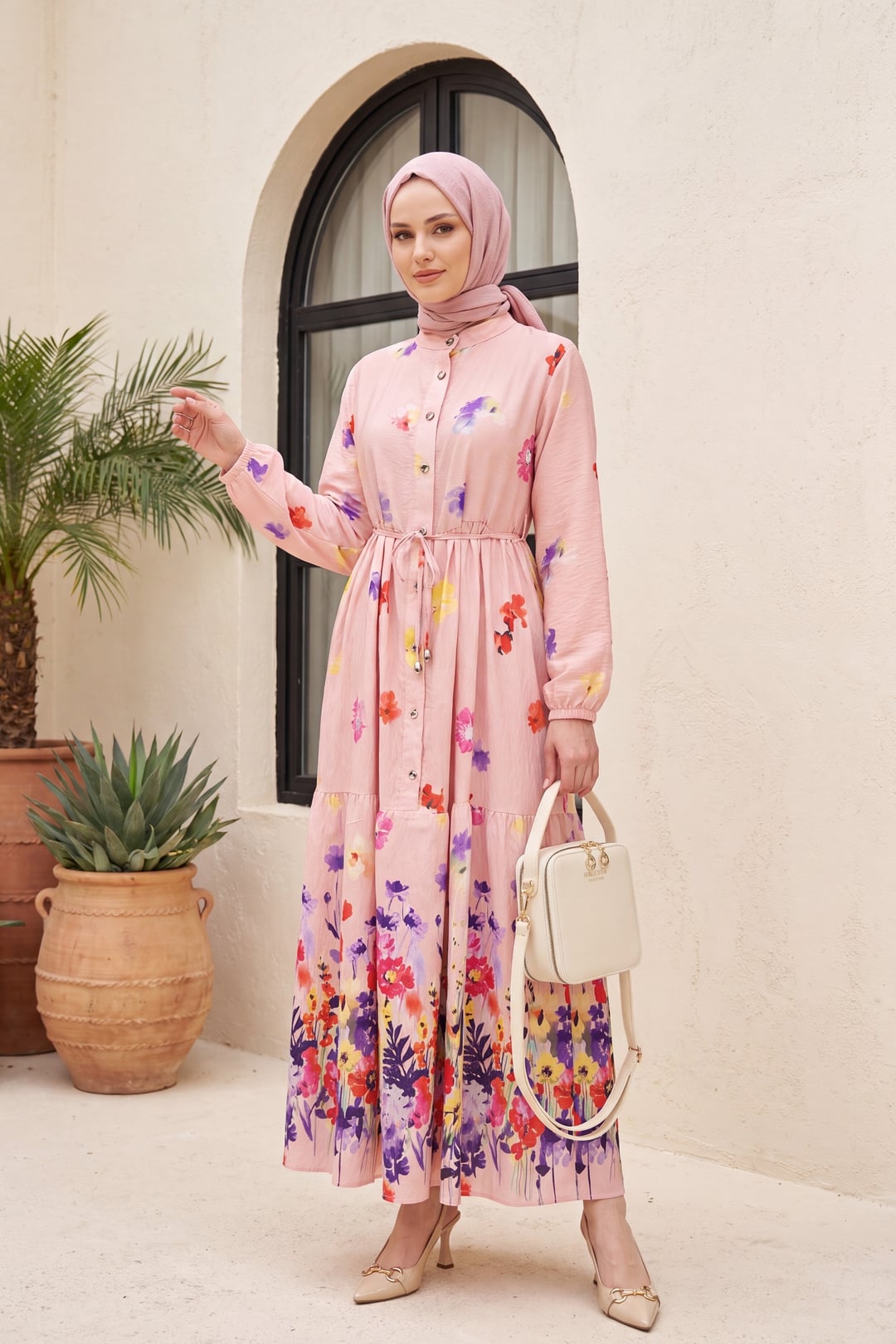Floral Print Button-Front Belted Policoton Dress with Elastic Cuffs - Powder - Podyumplus - by Peralane - photo 3