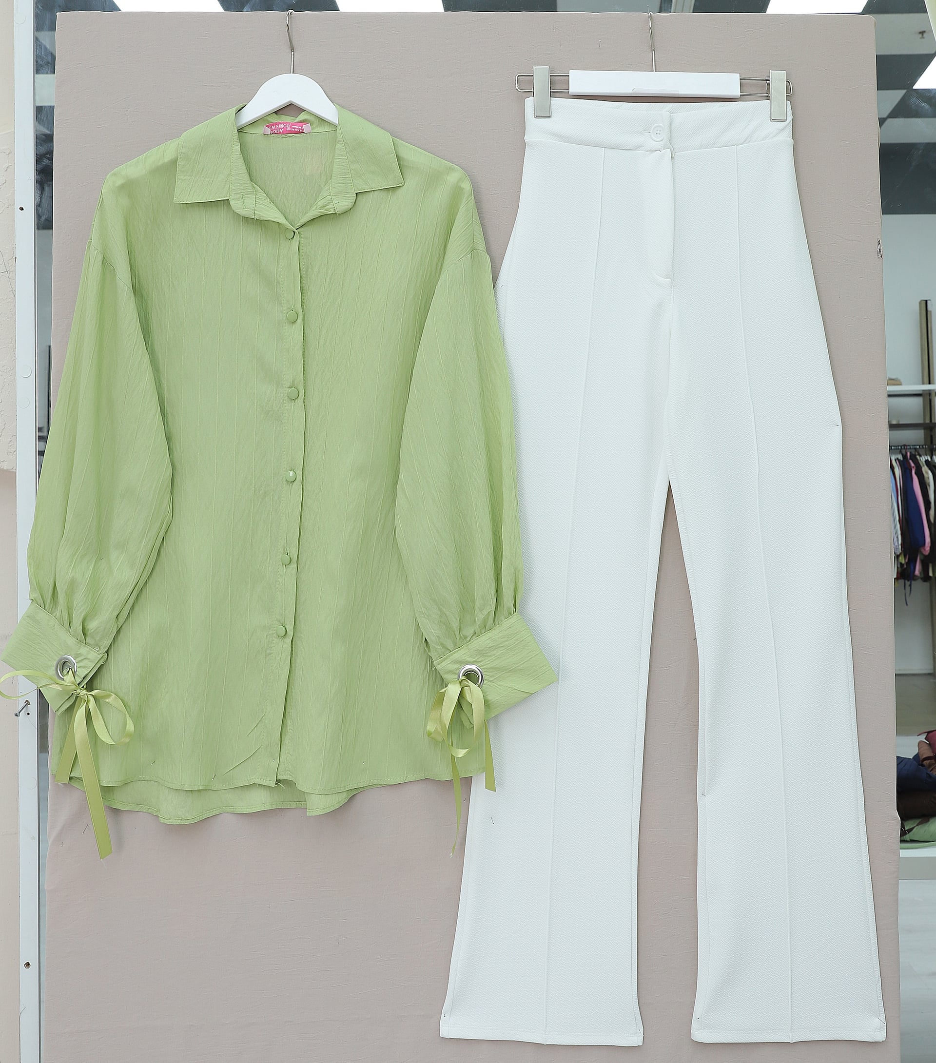 Women's Striped Lace-Up Sleeve Blouse in Light Green - Podyumplus - by Peralane - photo 7