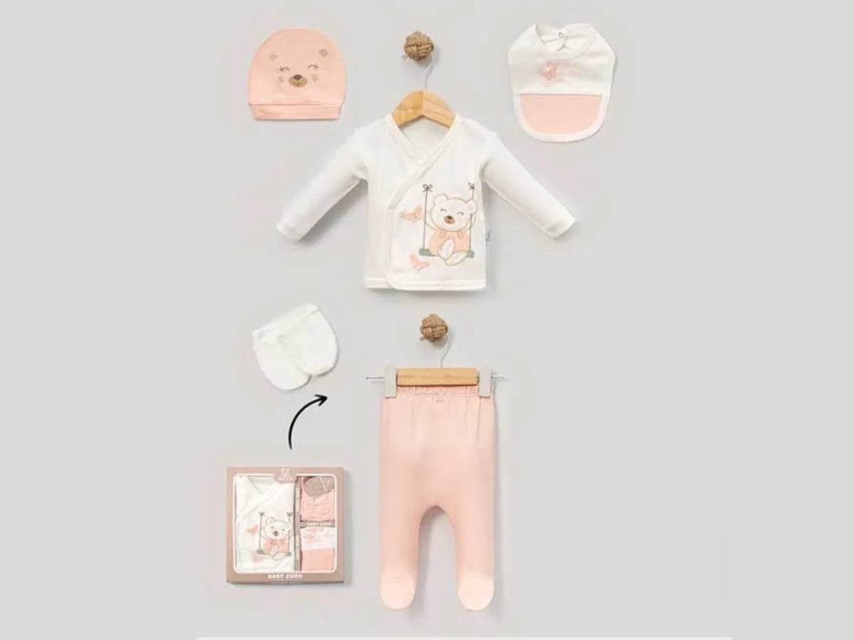 Bear Print Newborn Baby Girl 5-Piece Set in Powder Pink - Baby Zuhu - by Peralane