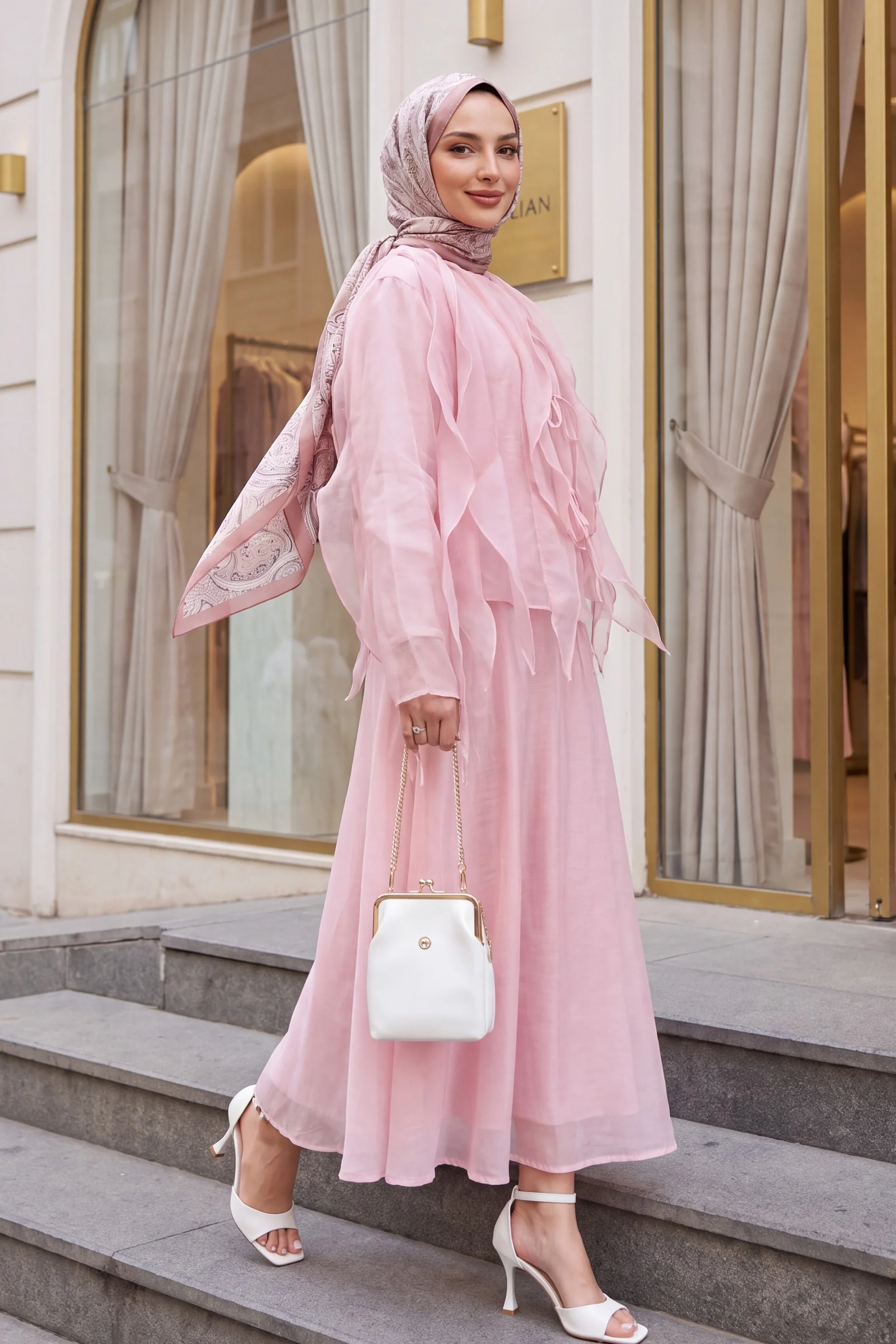 Front-Tie Ruffled Lined Asymmetric Cut Cupra Set - Powder - Podyumplus - by Peralane