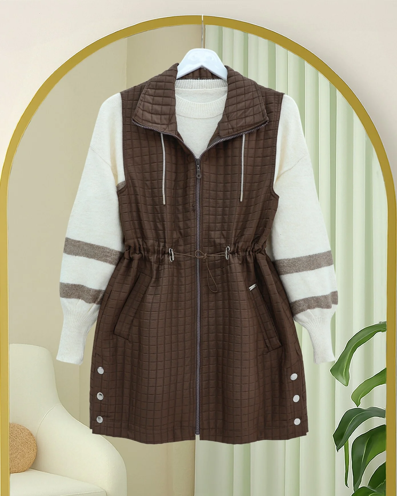 Quilted Vest with Drawstring Collar and Elastic Waist - Brown - Podyumplus - by Peralane - photo 4