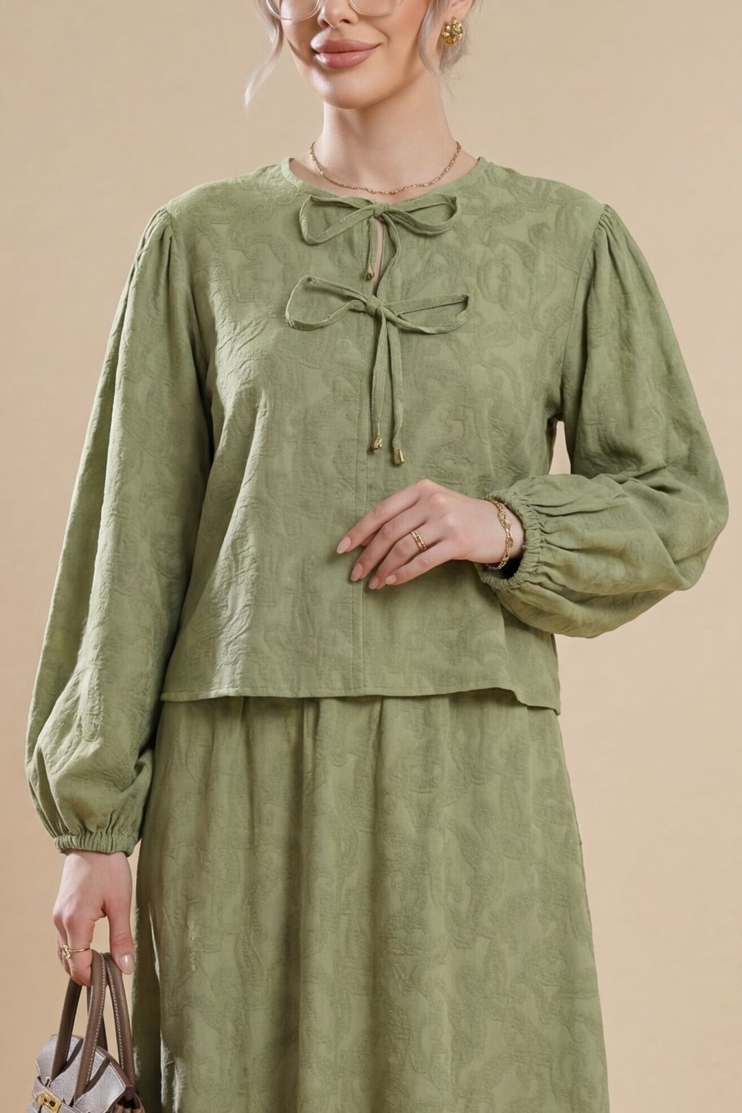 Long-Sleeve Tie-Neck Jacquard Two-Piece Set with Skirt - Sage Green - Podyumplus - by Peralane - photo 3