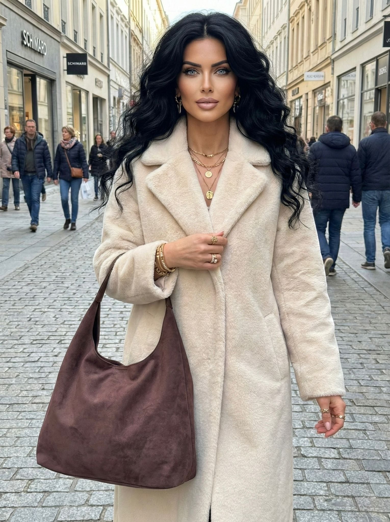 Cream Faux Fur Coat for Women - Nesvay - by Peralane