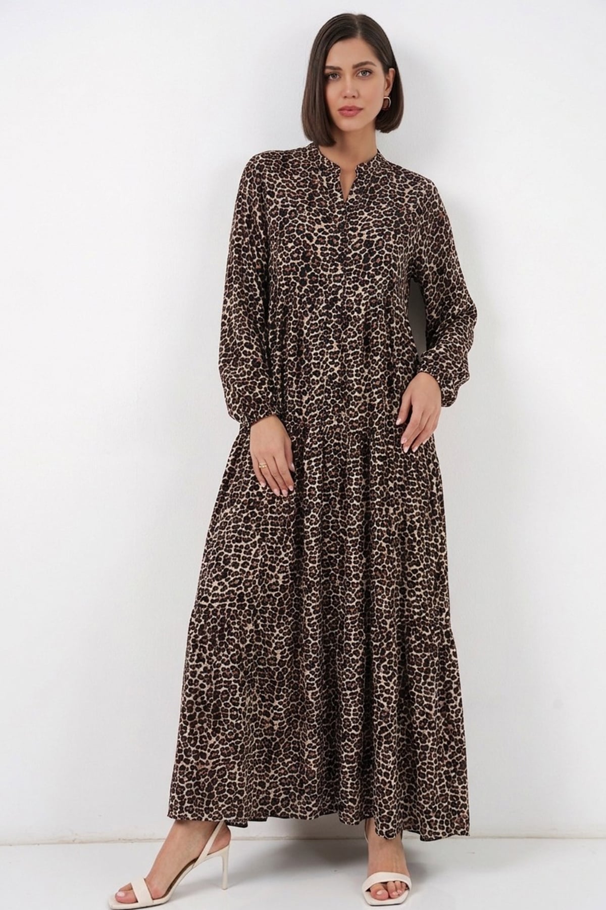 Long Sleeve Tiered Leopard Print Modest Dress - Bigdart - by Peralane - photo 3