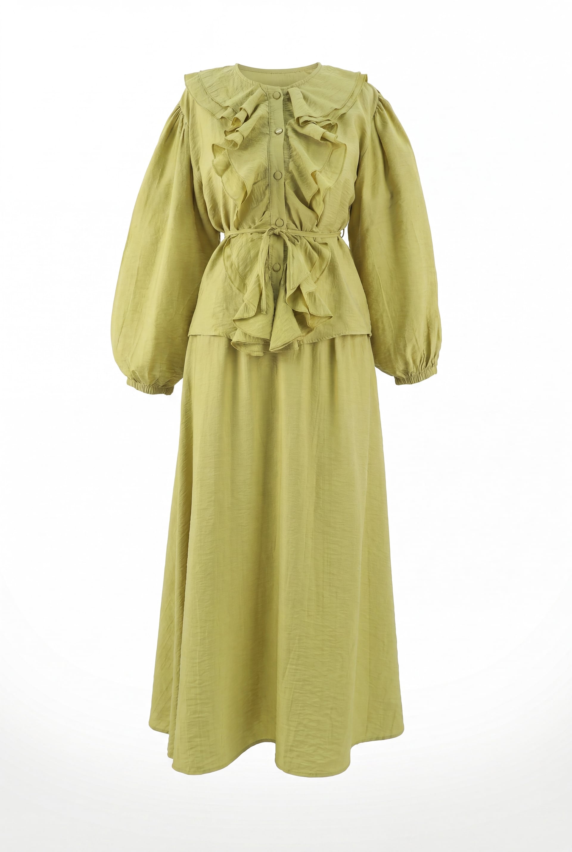 Ruffled Front Long-Sleeve Top and A-Line Skirt Set in Olive Green - Podyumplus - by Peralane - photo 5
