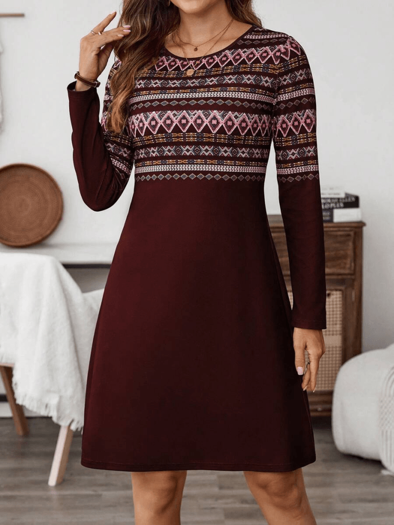Women's Long-Sleeved Round Neck Ethnic Pattern Knit Dress - Janes - by Peralane