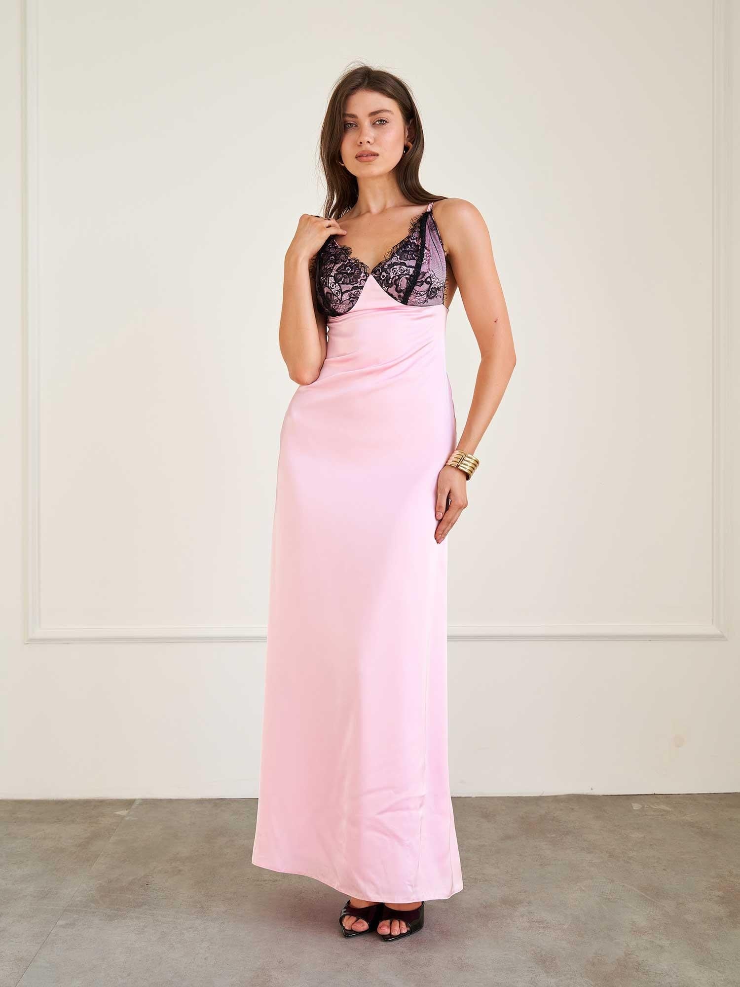 Lace-Trimmed Satin Long Slip Dress in Pink - Lefon - by Peralane - photo 5