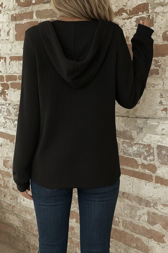 Women's Long Sleeve Hooded Waffle Blouse with Button and Drawstring Front - Janes - by Peralane - photo 2