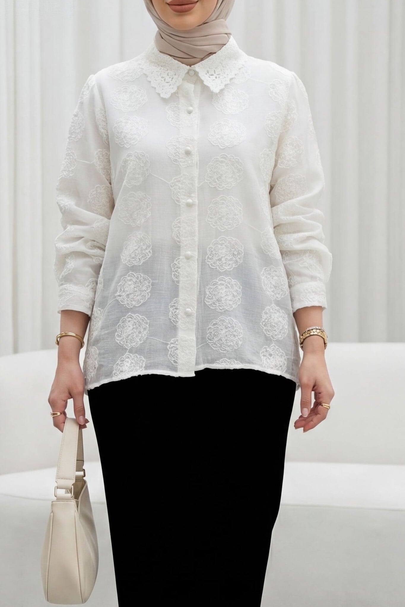 Lace Collar Patterned Jacquard Blouse - Ecru - Podyumplus - by Peralane