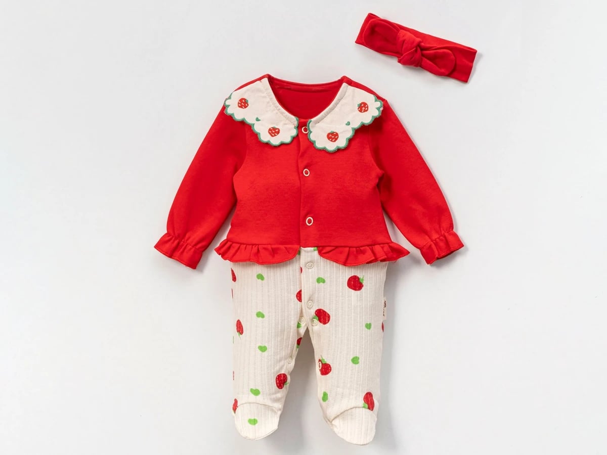 Baby Girl Footed Romper with Headband, Strawberry Print - Vovido - by Peralane