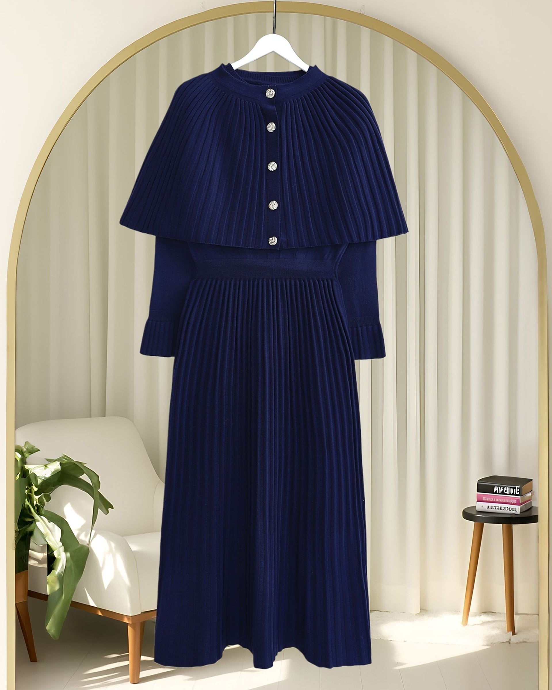 Navy Blue Pleated Cape Detail Long Knit Dress with Ribbed Skirt - Podyumplus - by Peralane - photo 5