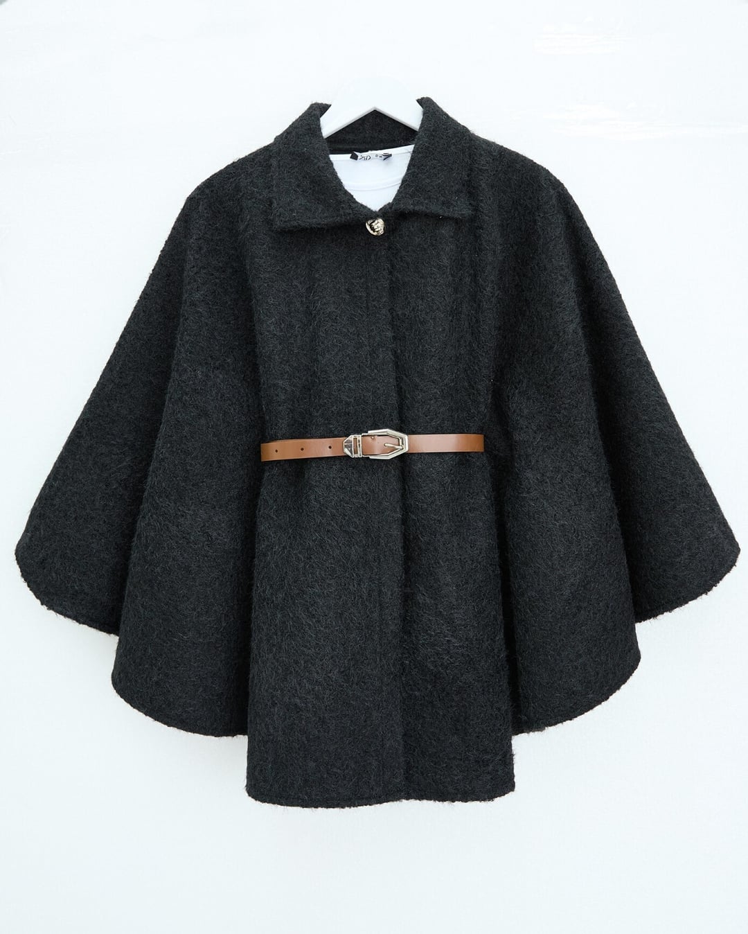 Single Button Belted Fringe Poncho - Black - Podyumplus - by Peralane - photo 2