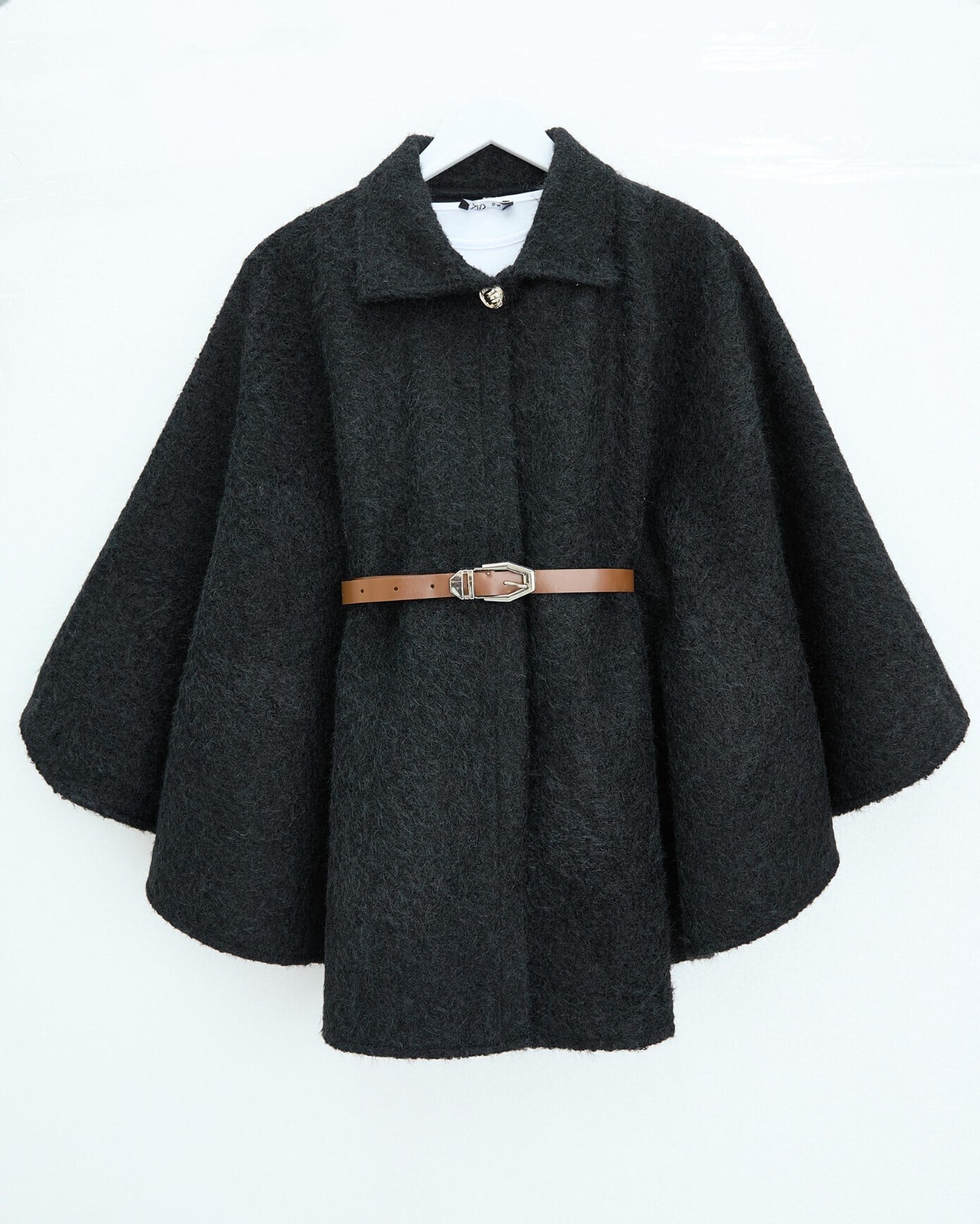 Single Button Belted Fringe Poncho - Black - Podyumplus - by Peralane - photo 2