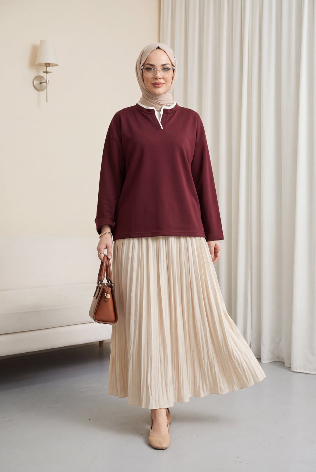 V-Neck Double Layer 2-Thread Knit Blouse - Burgundy - Podyumplus - by Peralane - photo 2