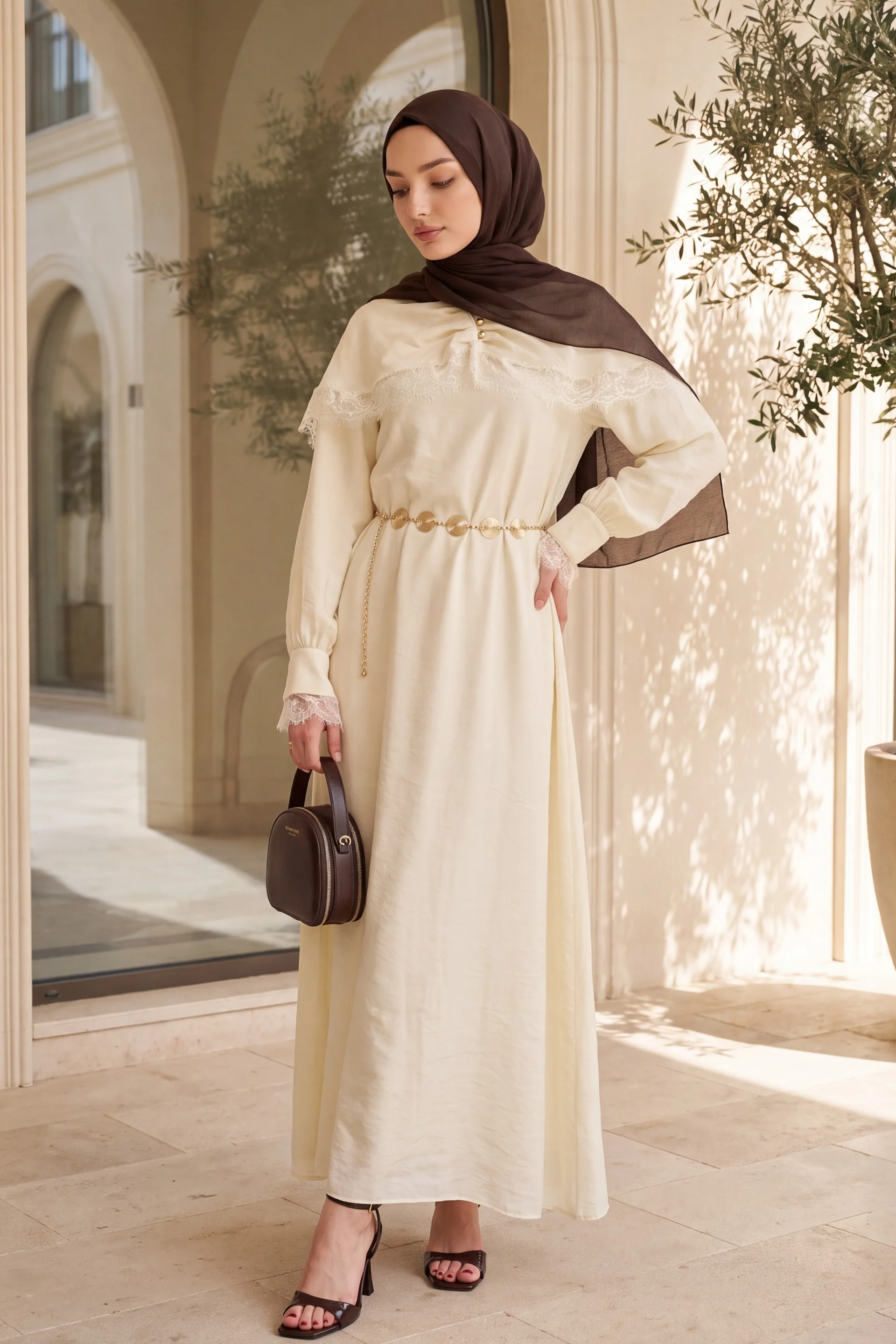 Lace Detail Cape Belted Lined Imported Ibiza Dress - Beige - Podyumplus - by Peralane