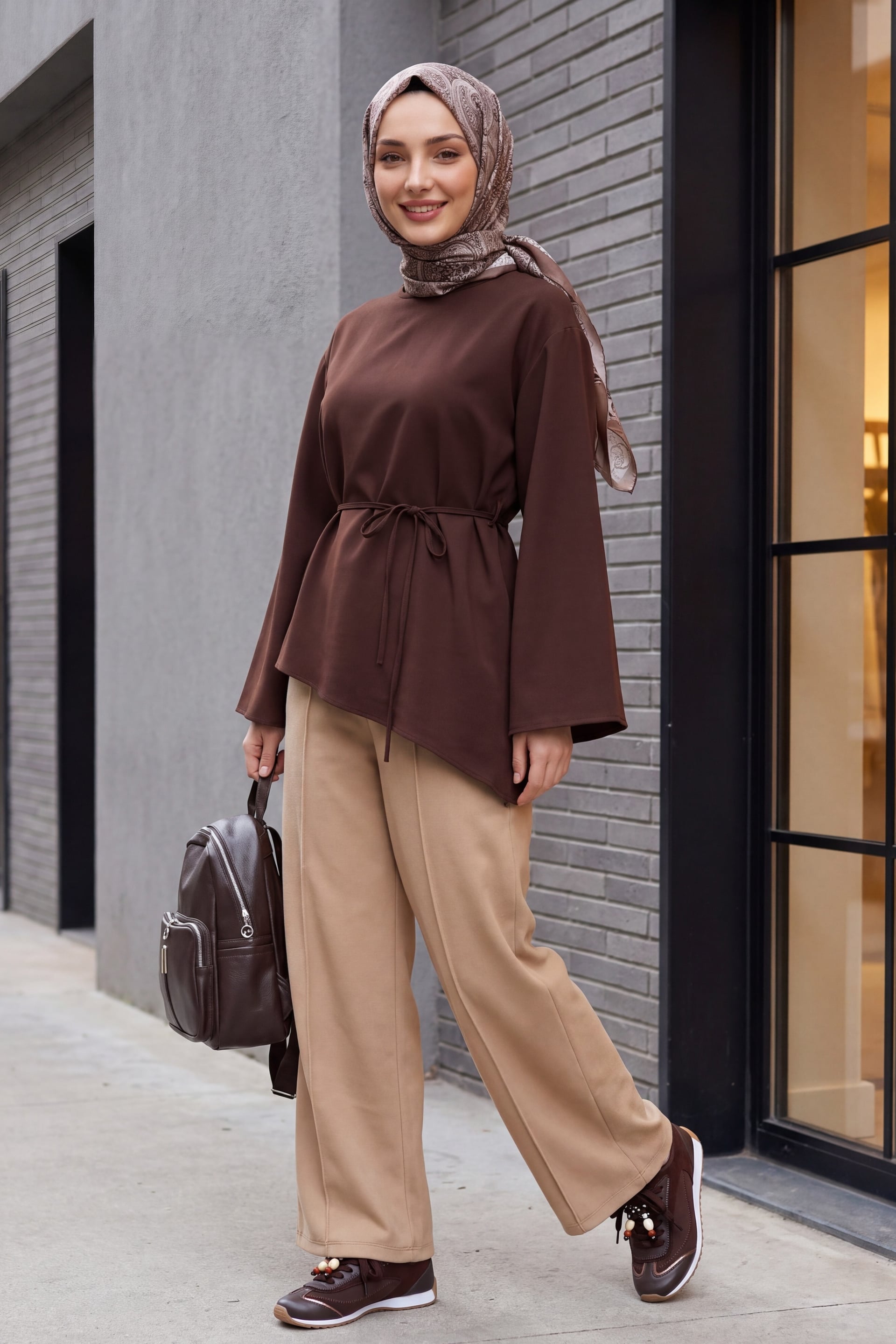Wide-Leg Velvet Trousers with Drawstring Waist - Beige - Podyumplus - by Peralane - photo 3