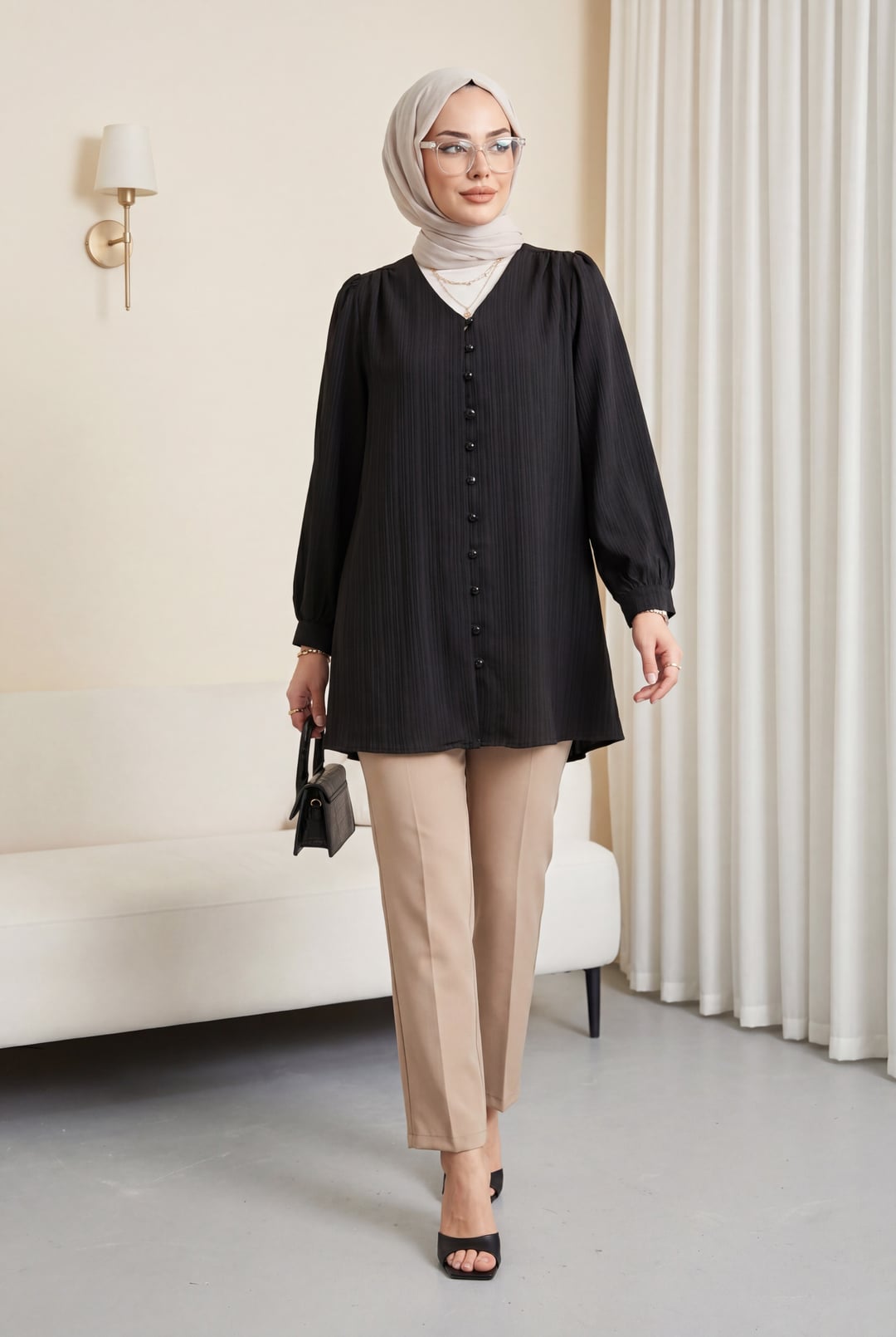 Black V-Neck Button-Down Jacquard Crinkle Tunic - Podyumplus - by Peralane - photo 2