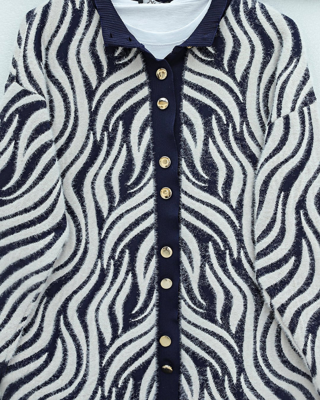 Buttoned Zebra Print Fringed Knit Cardigan - Navy - Podyumplus - by Peralane - photo 7