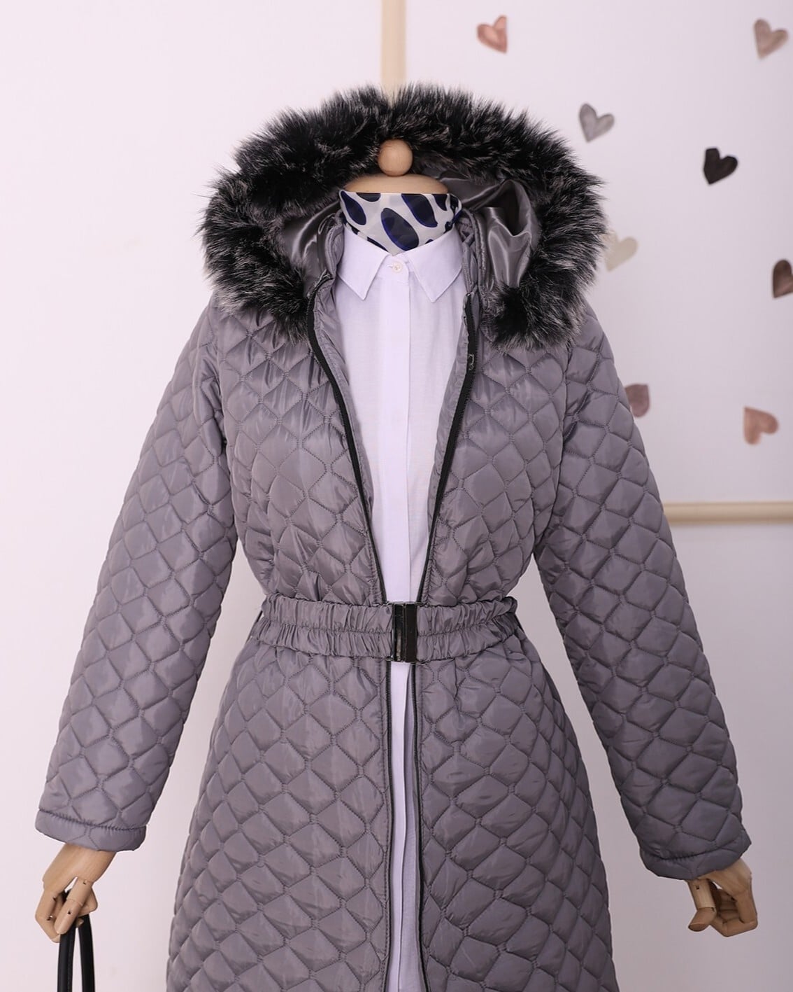 Long Quilted Coat with Belt, Hood and Faux Fur Trim - Grey - Podyumplus - by Peralane - photo 4
