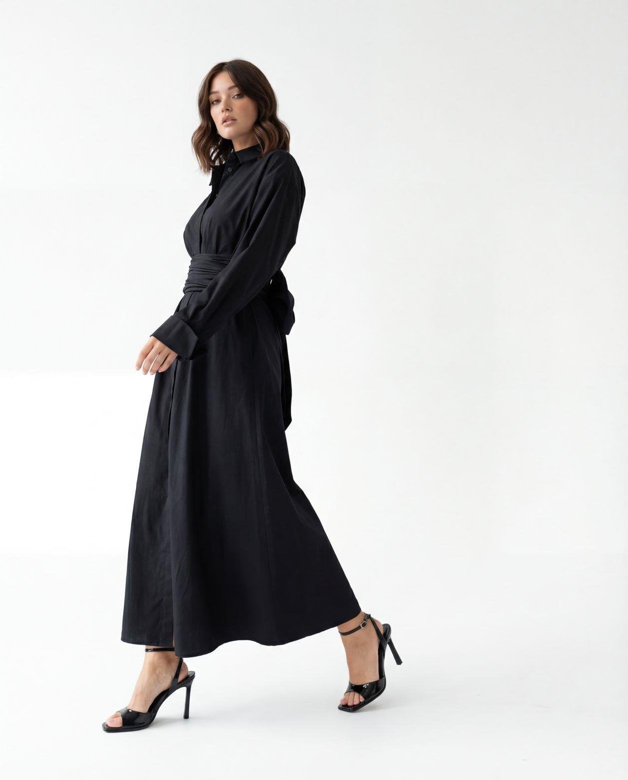 Black Collared Button-Front Long Dress with Sash Belt - Fame - by Peralane - photo 4