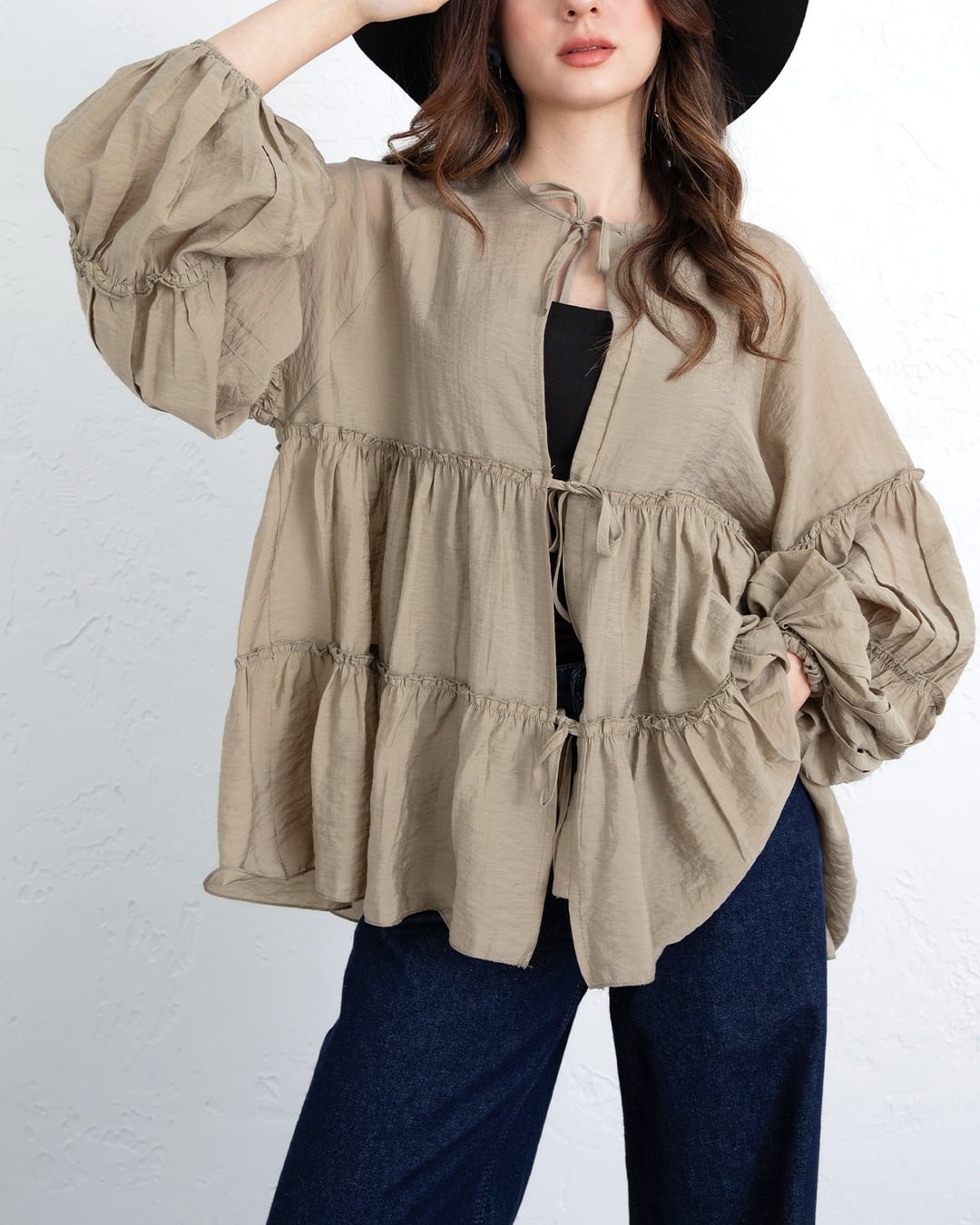 Tie-Front Layered Modal Blouse with Elastic Cuffs - Khaki - Podyumplus - by Peralane - photo 7