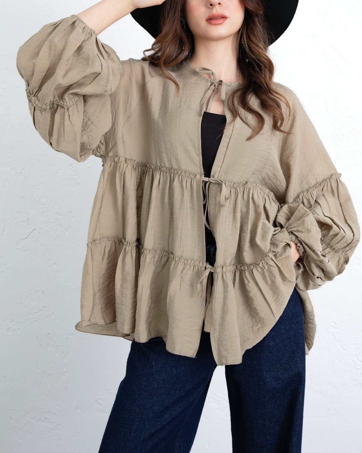 Tie-Front Layered Modal Blouse with Elastic Cuffs - Khaki - Podyumplus - by Peralane - photo 7