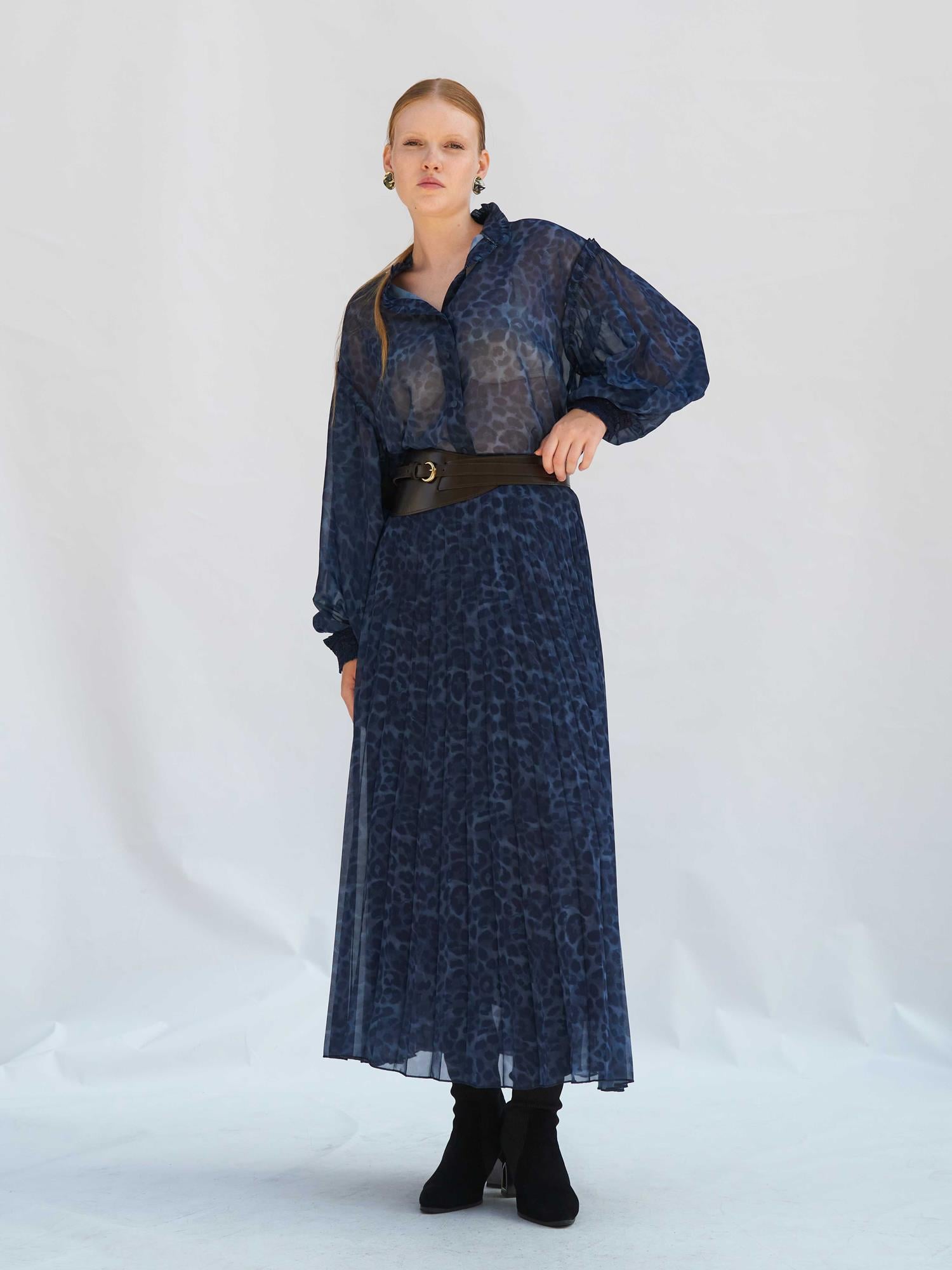 Dark Blue Leopard Print Chiffon Blouse with Lace Cuffs - Lefon - by Peralane - photo 5