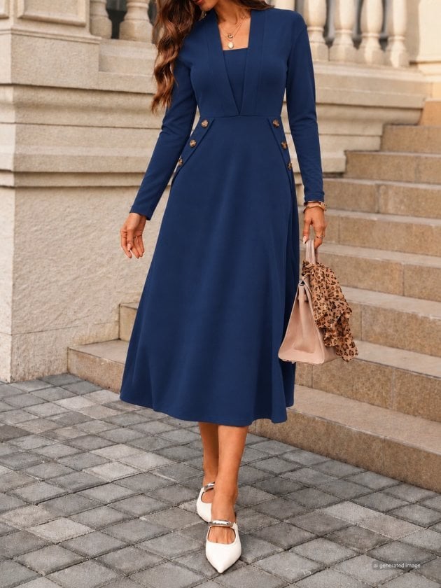 Women's Long Sleeve V-Neck Button Detail Midi Crepe Dress - Janes - by Peralane