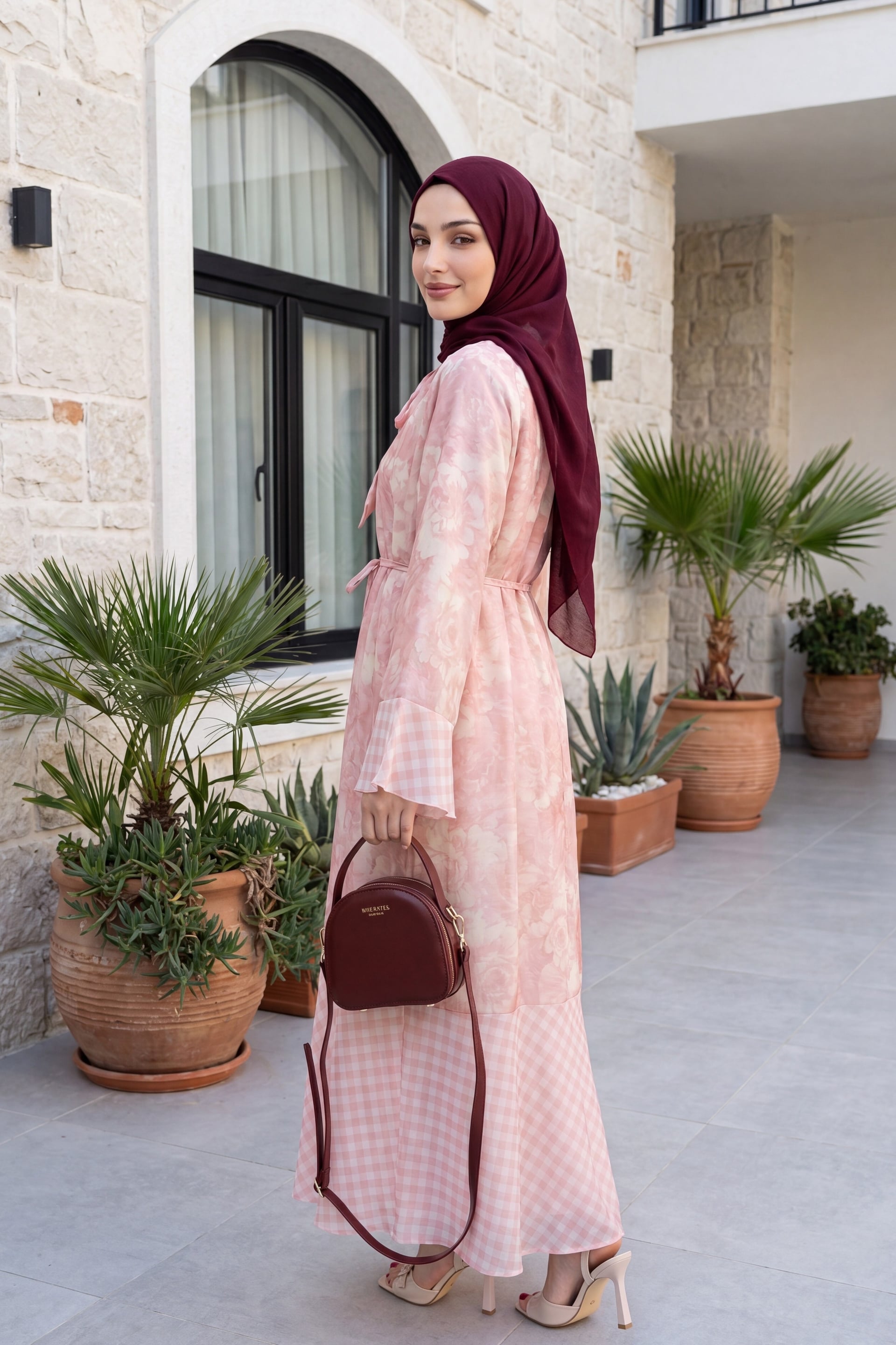 Women's Floral and Gingham Chiffon Dress with Tie Neck and Belt - Salmon - Podyumplus - by Peralane - photo 5