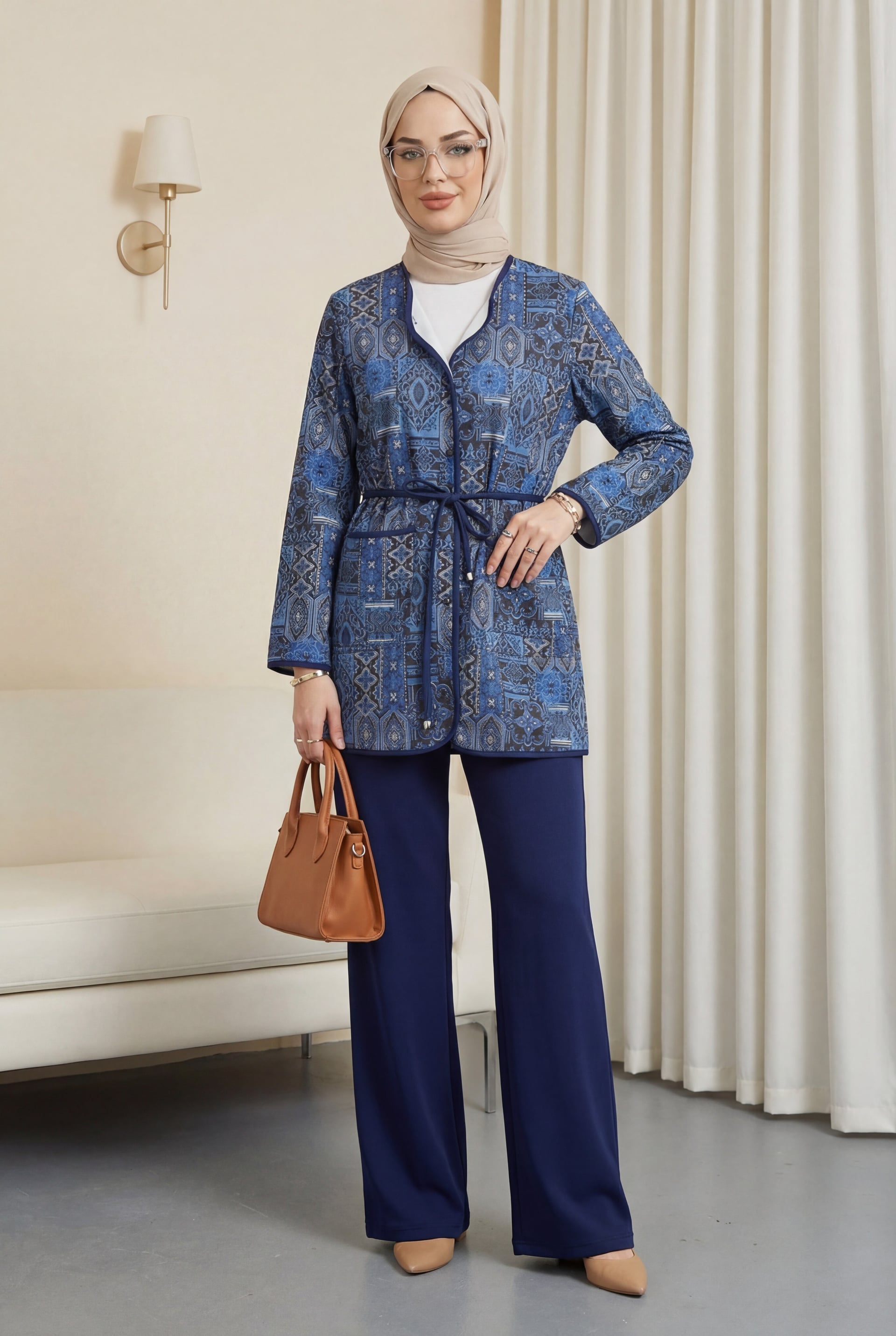 Tie-Waist Double-Pocket Patterned Scuba Suit - Navy - Podyumplus - by Peralane