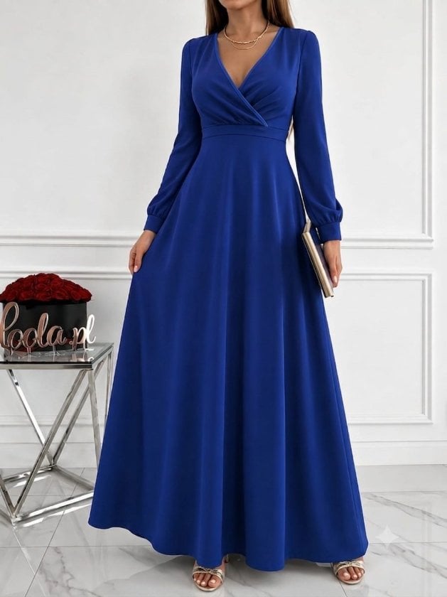Women's Long-Sleeved Wrap V-Neck Pleated Waist Maxi Dress in Royal Blue - Janes - by Peralane