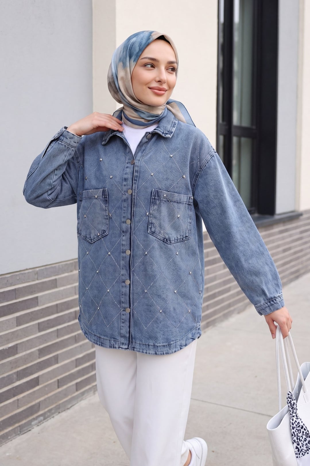 Double Pocket Stone Button Front Denim Jacket - Ice Blue - Podyumplus - by Peralane - photo 2