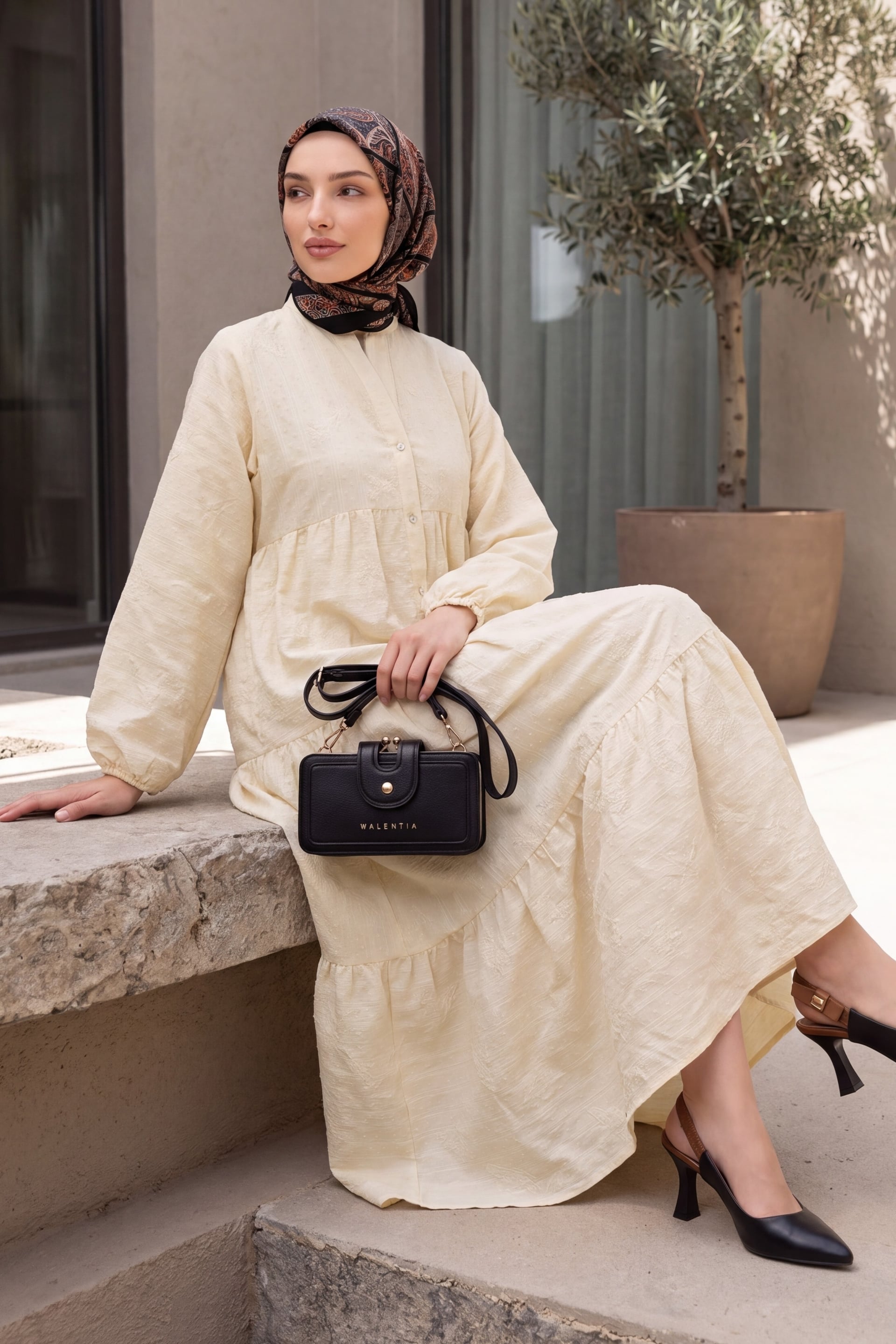Beige Modest Dress with Button Details and Tiered Skirt - Podyumplus - by Peralane - photo 2