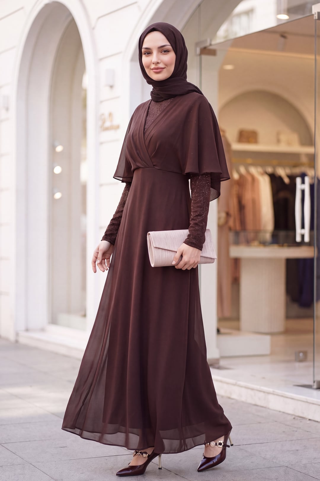 Sequin and Tulle Detail Long Evening Dress - Brown - Podyumplus - by Peralane - photo 5