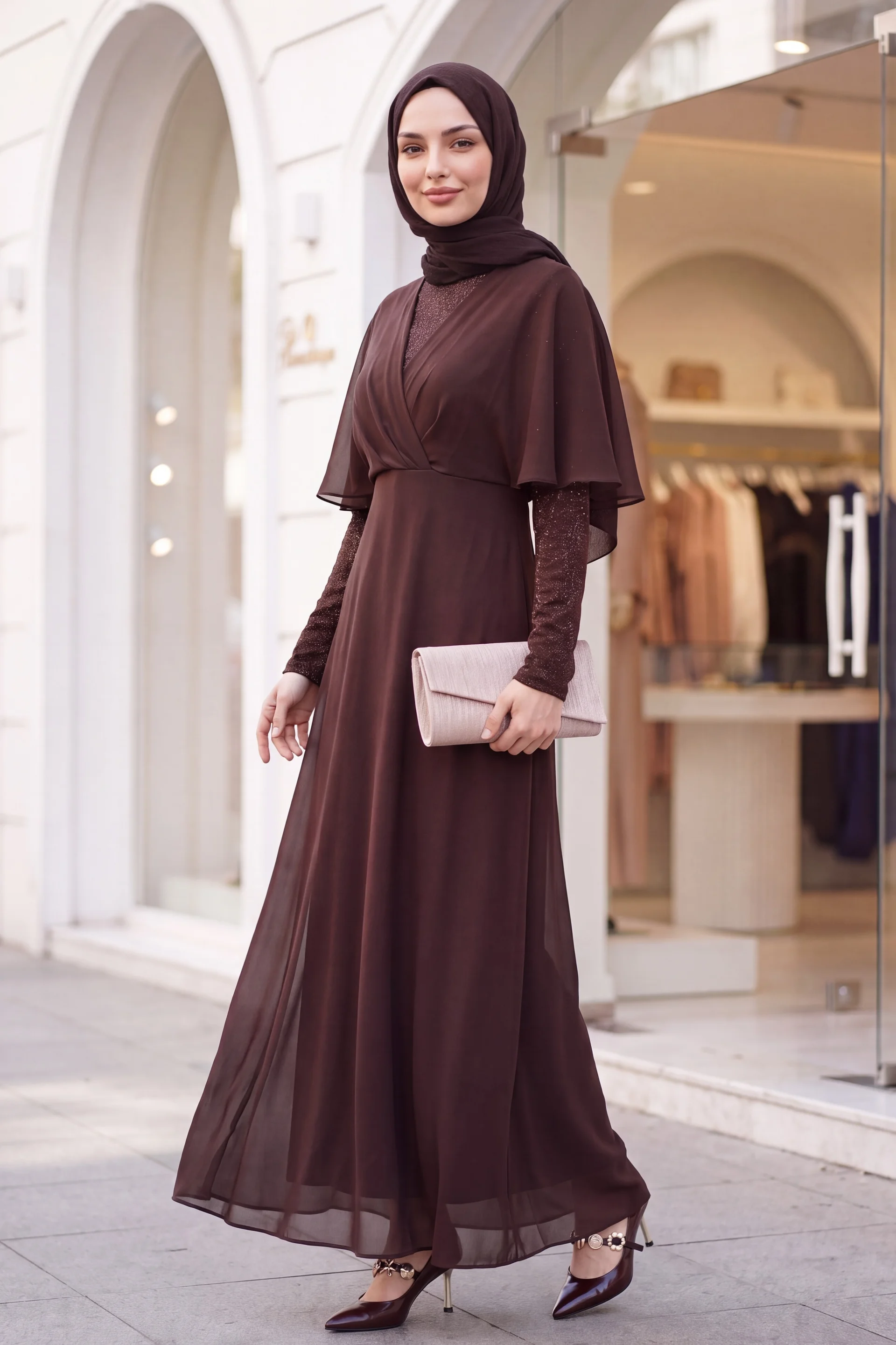 Sequin and Tulle Detail Long Evening Dress - Brown - Podyumplus - by Peralane - photo 5