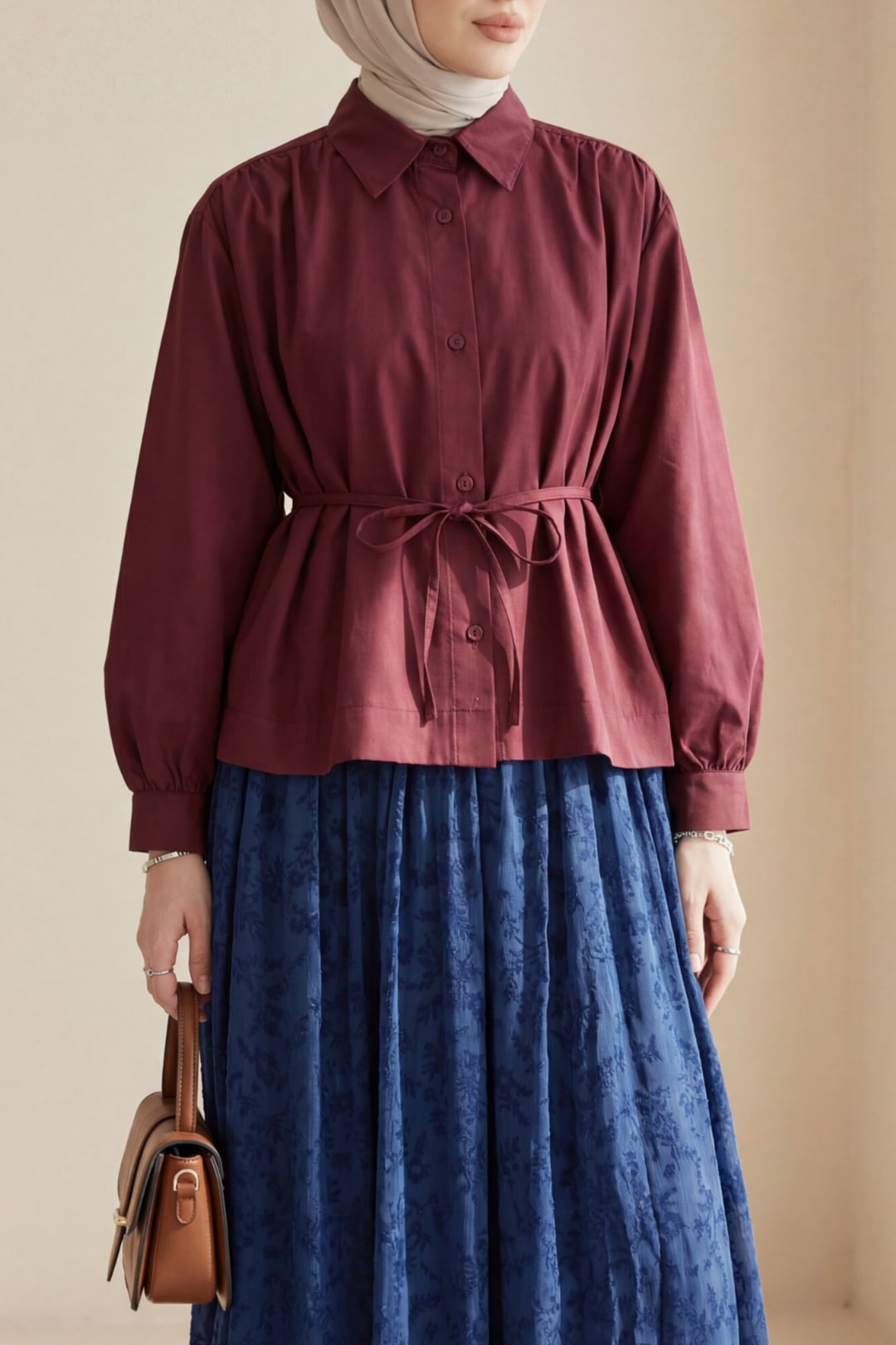Burgundy Ruffled Shoulder Tie Blouse with Peplum Waist - Podyumplus - by Peralane