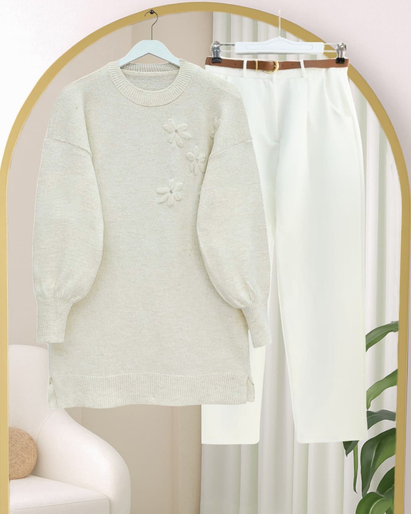 Crew Neck Floral Embroidered Knit Sweater - Ecru - Podyumplus - by Peralane - photo 3