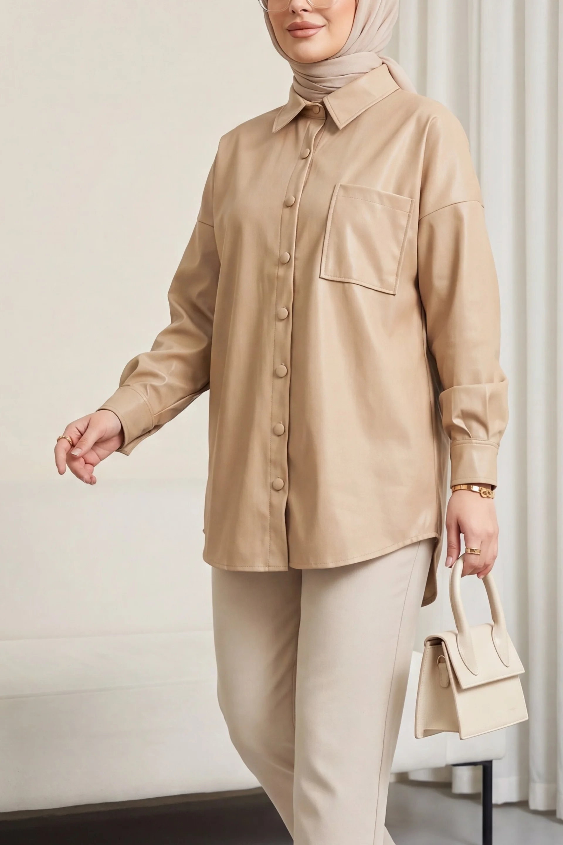 Women's Single Pocket Oval Cut Faux Leather Shirt - Beige - Podyumplus - by Peralane