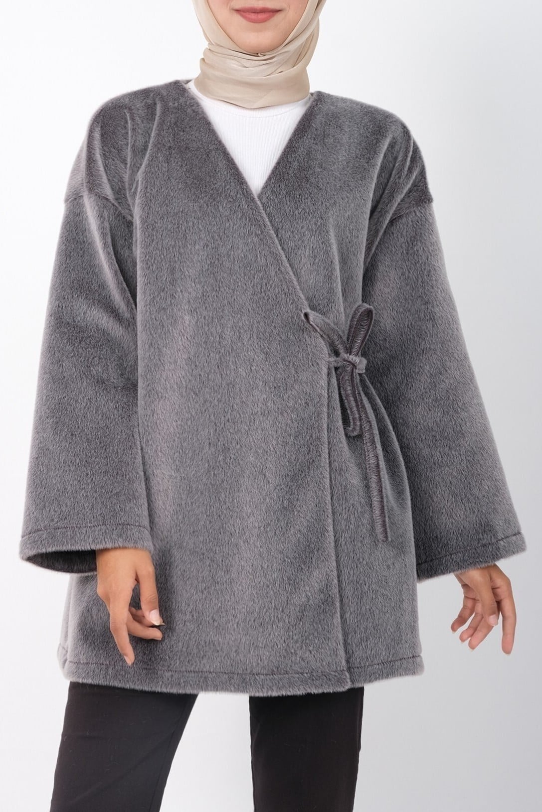 Side-Tie Faux Fur Coat with Wrap Closure - Smoke Grey - Podyumplus - by Peralane - photo 3