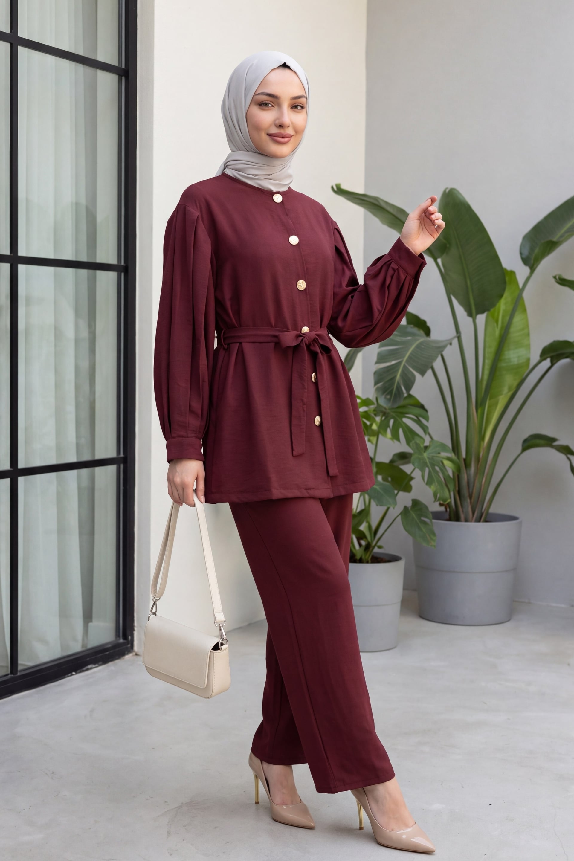 Burgundy Watermelon Sleeve Tie-Belt Trousers Set for Women - Podyumplus - by Peralane - photo 4
