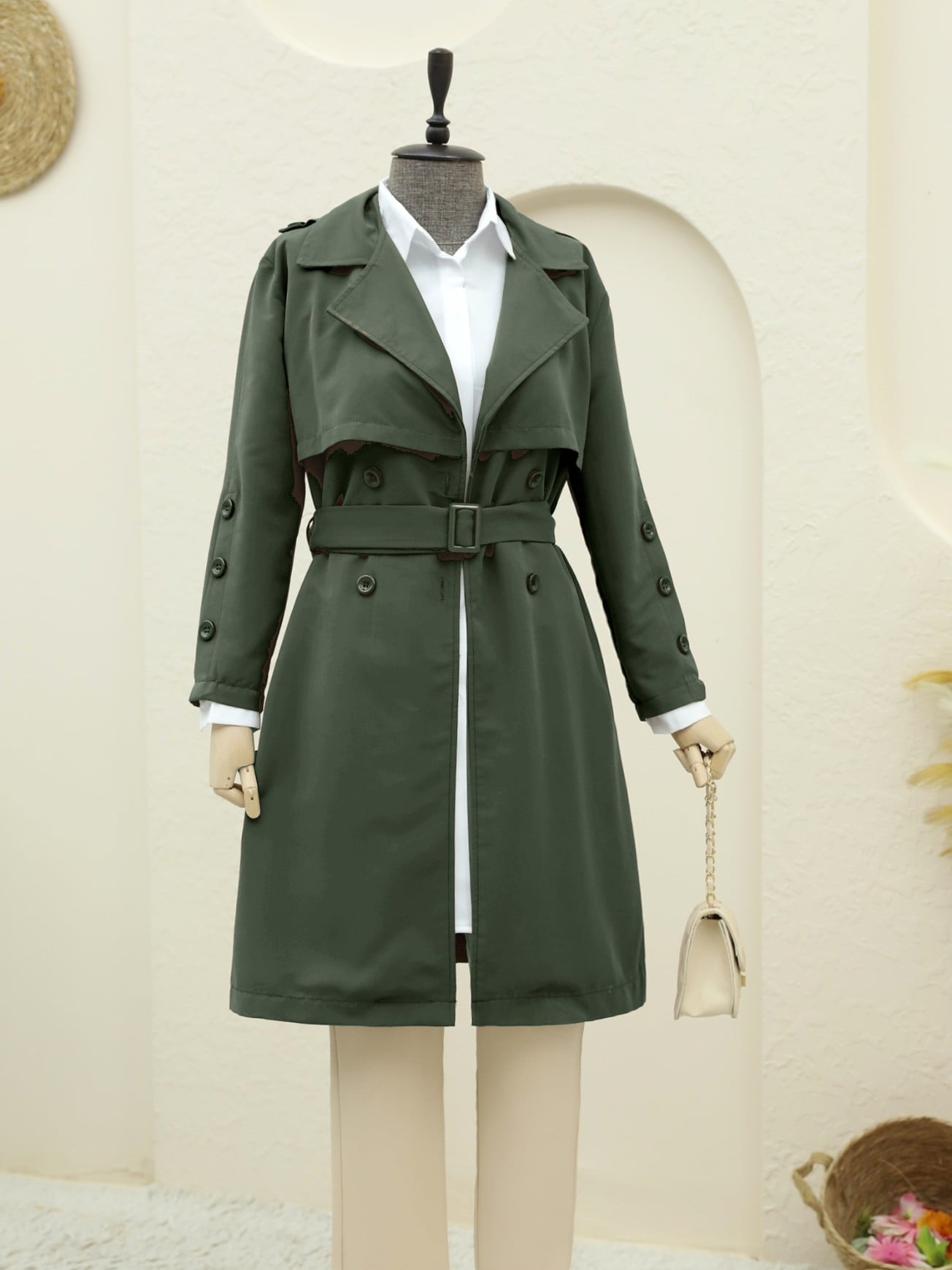 Lined Double-Breasted Belted Trench Coat - Khaki - Podyumplus - by Peralane - photo 2