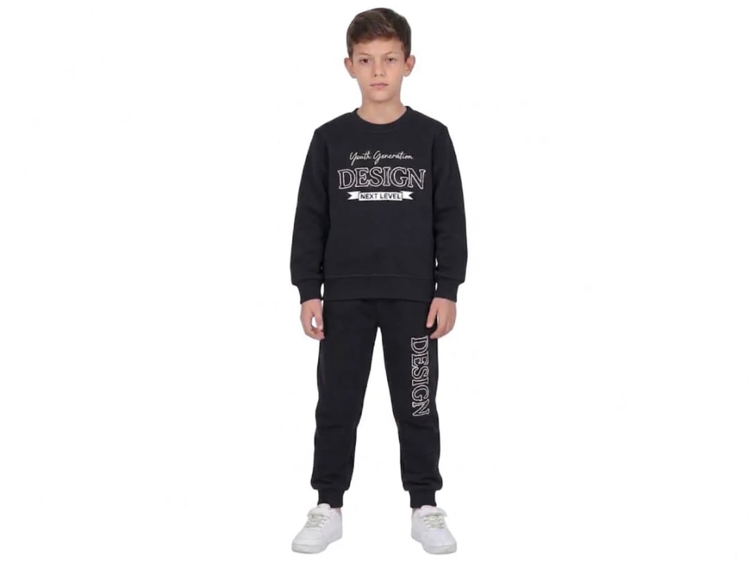 Design Print 3-Thread Brushed Boys' Tracksuit Set in Black - CMK - by Peralane