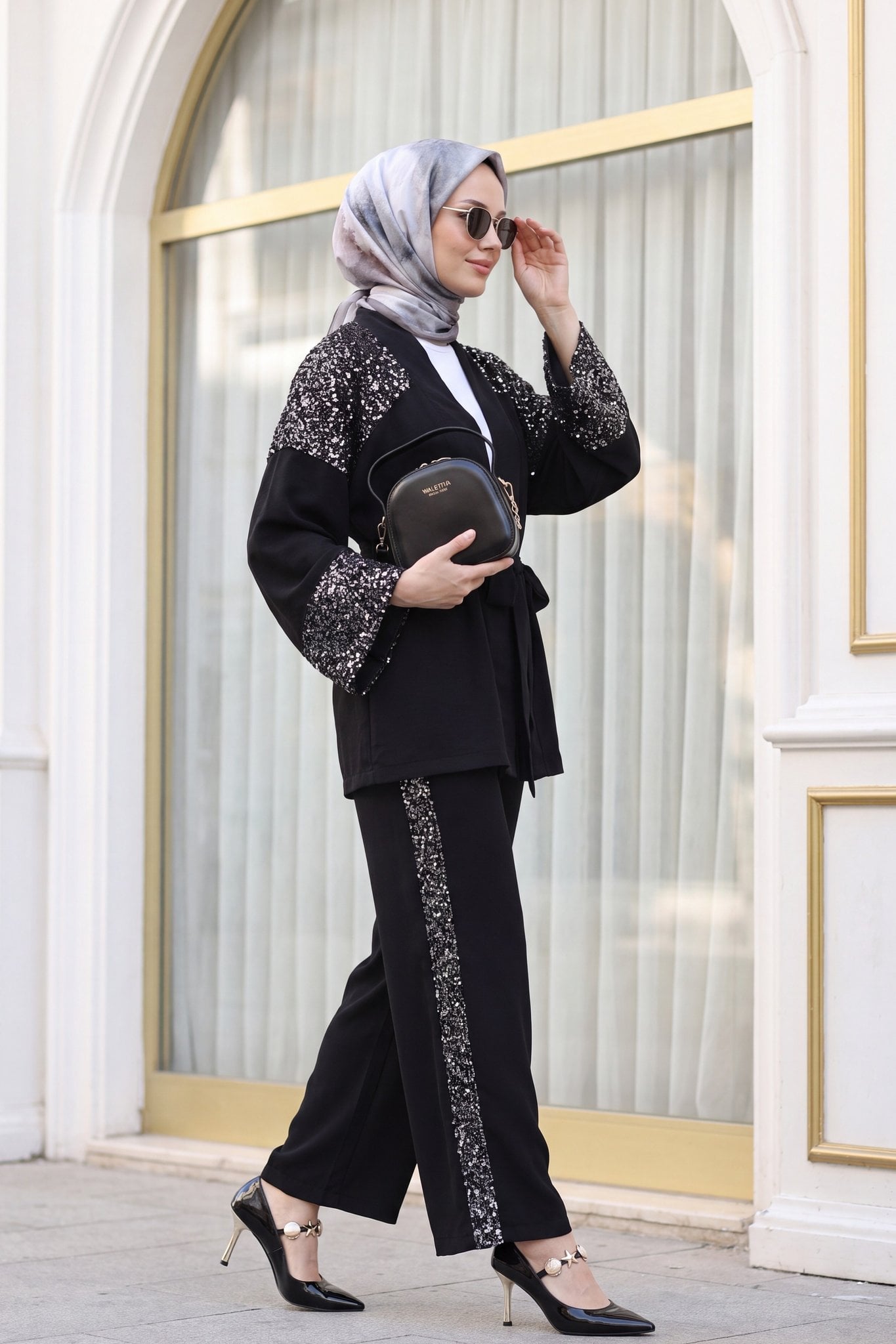 Sequin Shoulder and Sleeve Belted Kimono Set with Trousers - Black - Podyumplus - by Peralane - photo 3