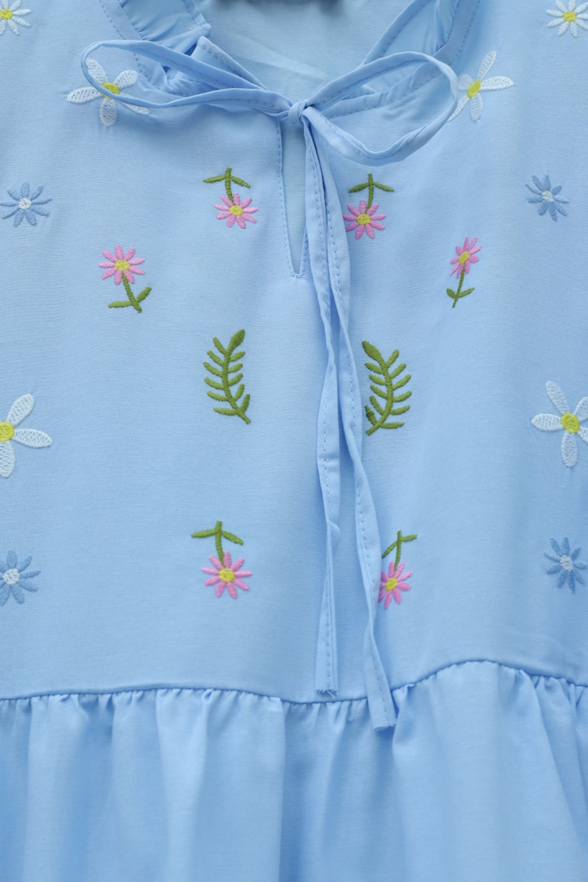V-Neck Tie-Front Ruffled Floral Embroidered Poplin Tunic - Baby Blue - Podyumplus - by Peralane - photo 6