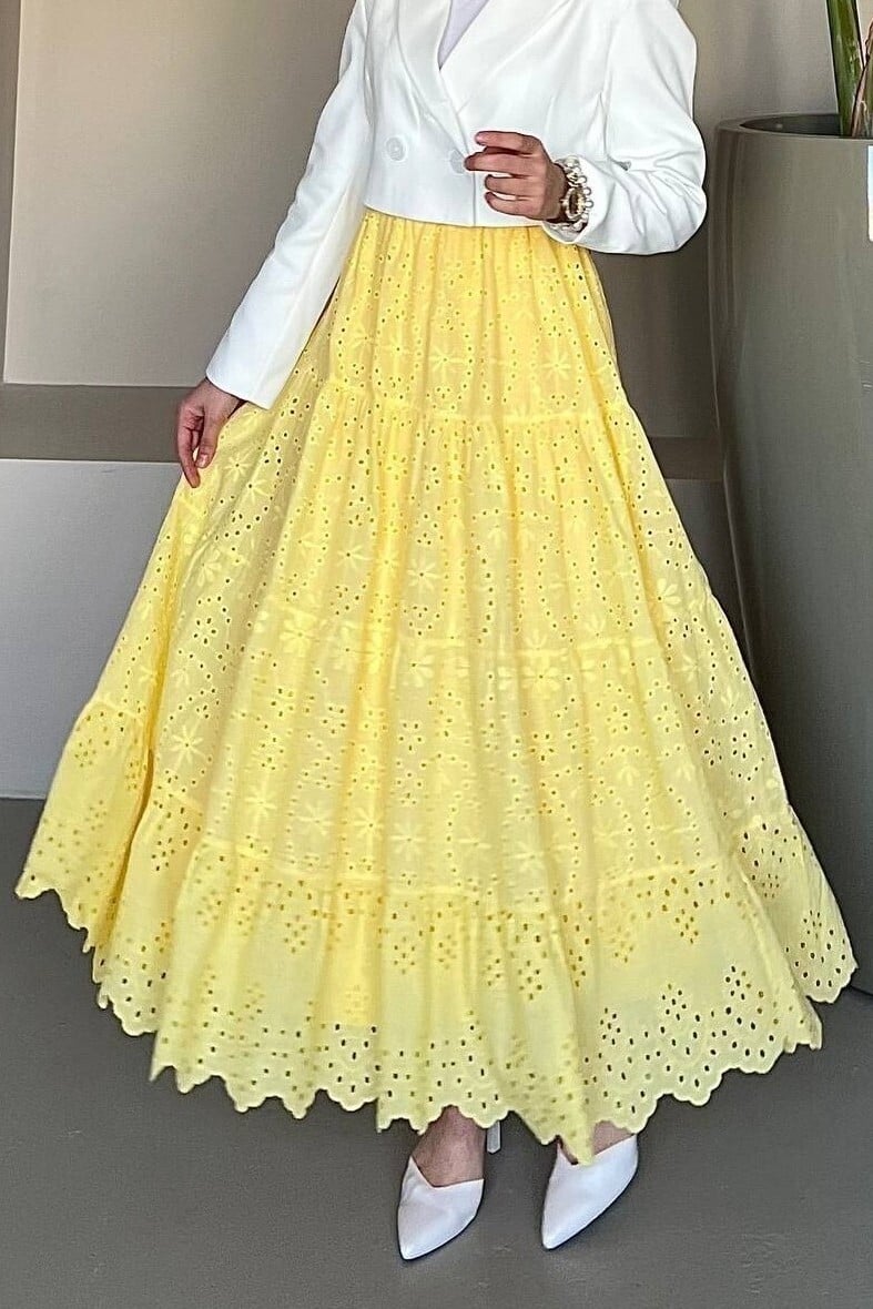 Yellow Eyelet Embroidered Tiered Skirt - Podyumplus - by Peralane - photo 3