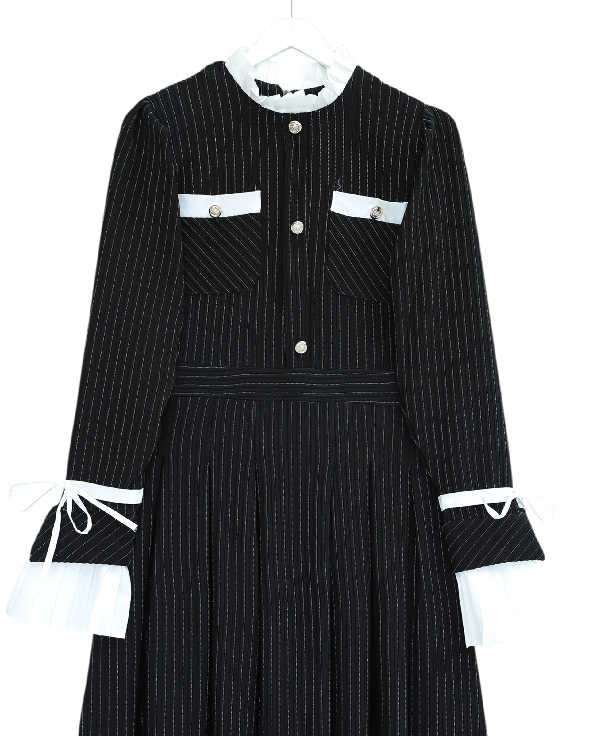 Padded Shoulder Pleated Dress with Button Details and Pockets - Black - Podyumplus - by Peralane - photo 4