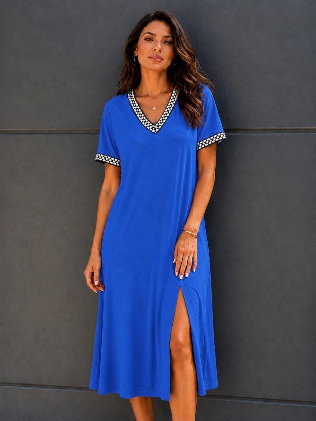 Women's Short-Sleeved V-Neck Slit Midi Dress in Royal Blue - Janes - by Peralane - photo 2