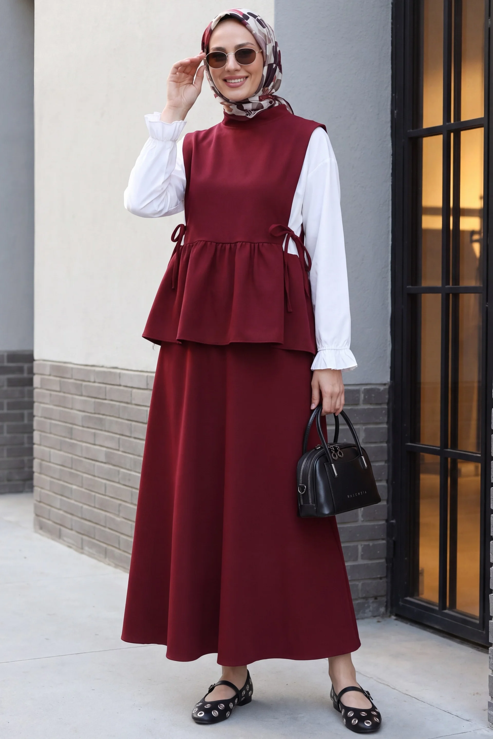Burgundy and White Two-Piece Modest Set with Shirt Detail and Ruffled Skirt - Podyumplus - by Peralane